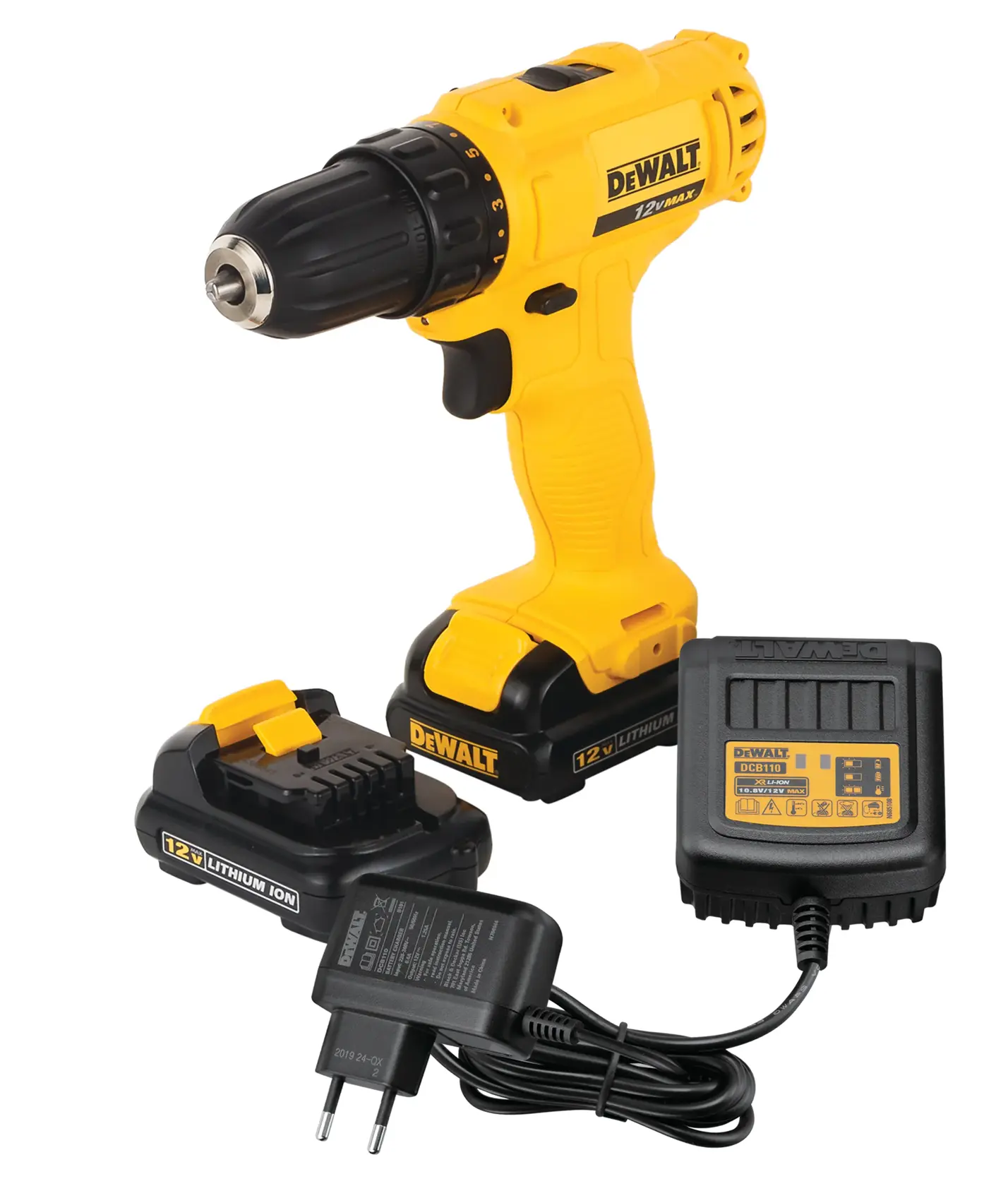 Taladro amarillo DEWALT sin cable con batería, cargador y adaptador, modelo DCD700C2, 12V litio.