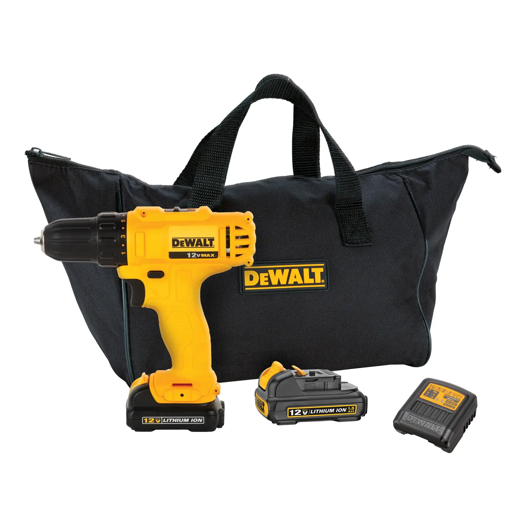 Kit de taladro inalámbrico DEWALT 12V Max que incluye un taladro amarillo y negro, dos baterías de ion de litio, un cargador y una bolsa de transporte negra con el logotipo DEWALT.