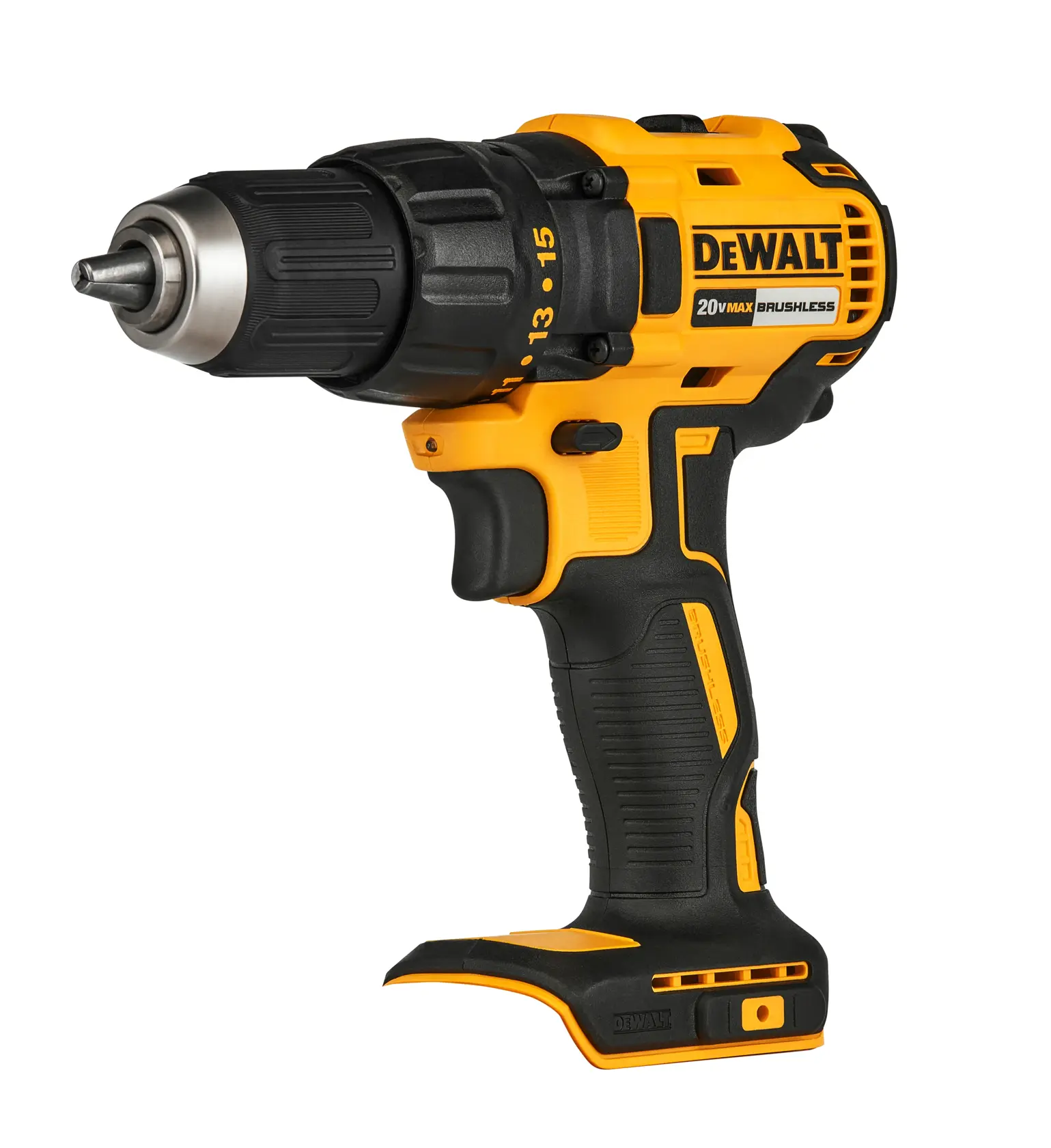 Taladro inalámbrico DEWALT 20V Max brushless con diseño negro y amarillo, mostrado sin batería.