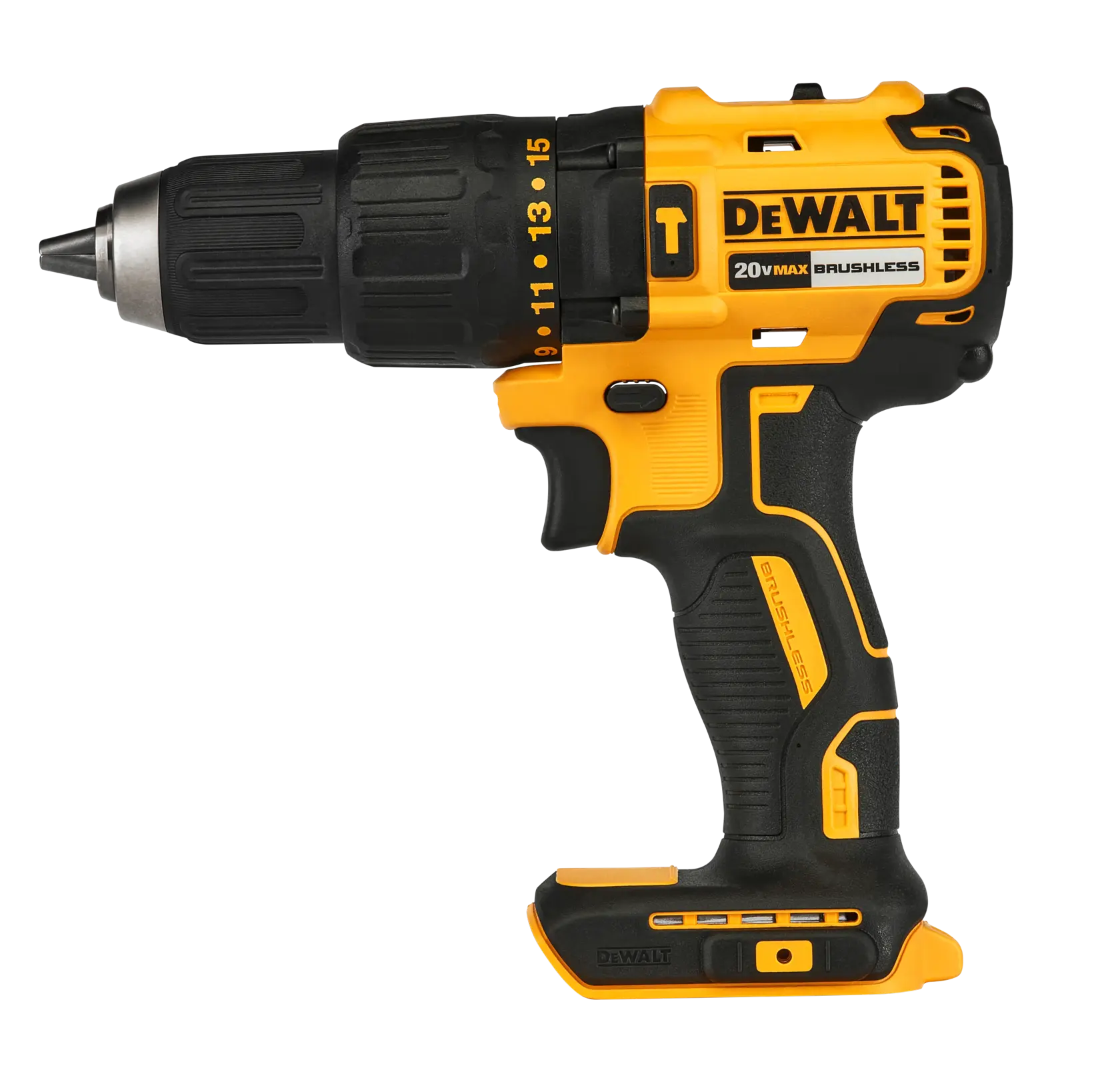 Taladro inalámbrico DEWALT amarillo y negro 20V brushless, vista lateral y ajuste de torque.