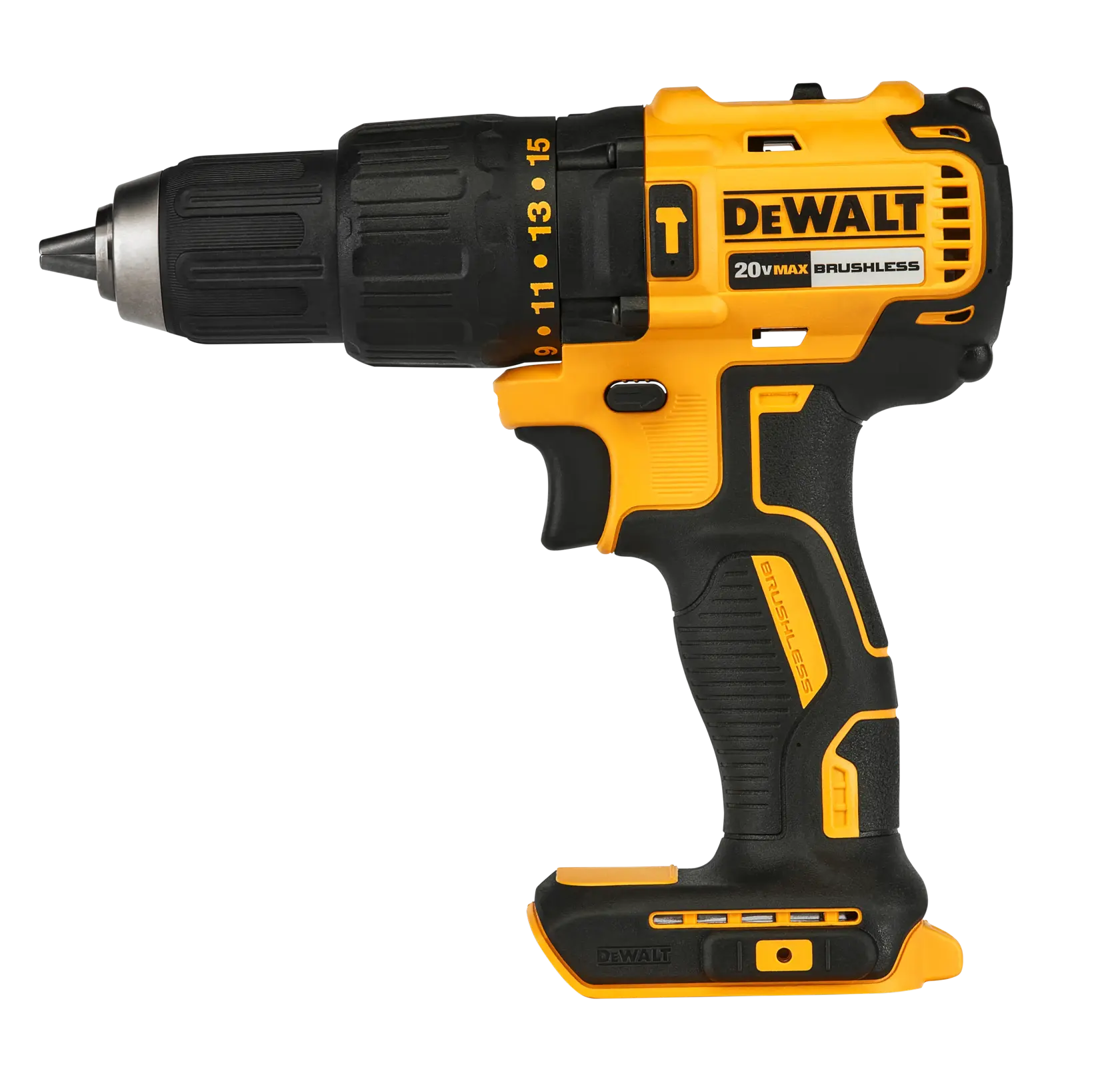 Imagen en primer plano de un taladro inalámbrico DEWALT 20V Max brushless amarillo y negro, mostrando la vista lateral con empuñadura, gatillo y configuraciones de torque ajustables.