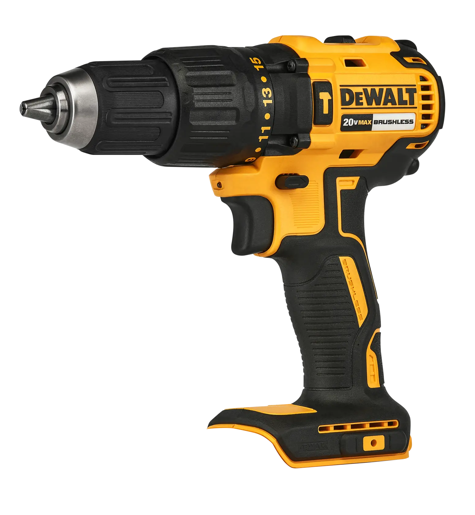 Un taladro inalámbrico brushless DEWALT 20V amarillo y negro con empuñadura ergonómica, mostrado desde el lado izquierdo.