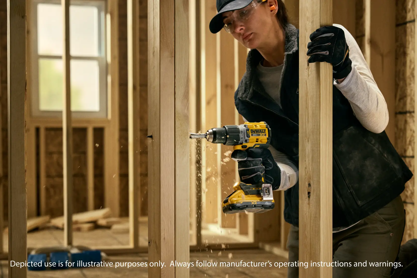Una persona usa un taladro inalámbrico DEWALT (modelo DCD806D2) para perforar una viga de madera dentro de una casa en construcción. La persona lleva guantes de protección y una gorra. La imagen es solo para fines ilustrativos y muestra un entorno de construcción.