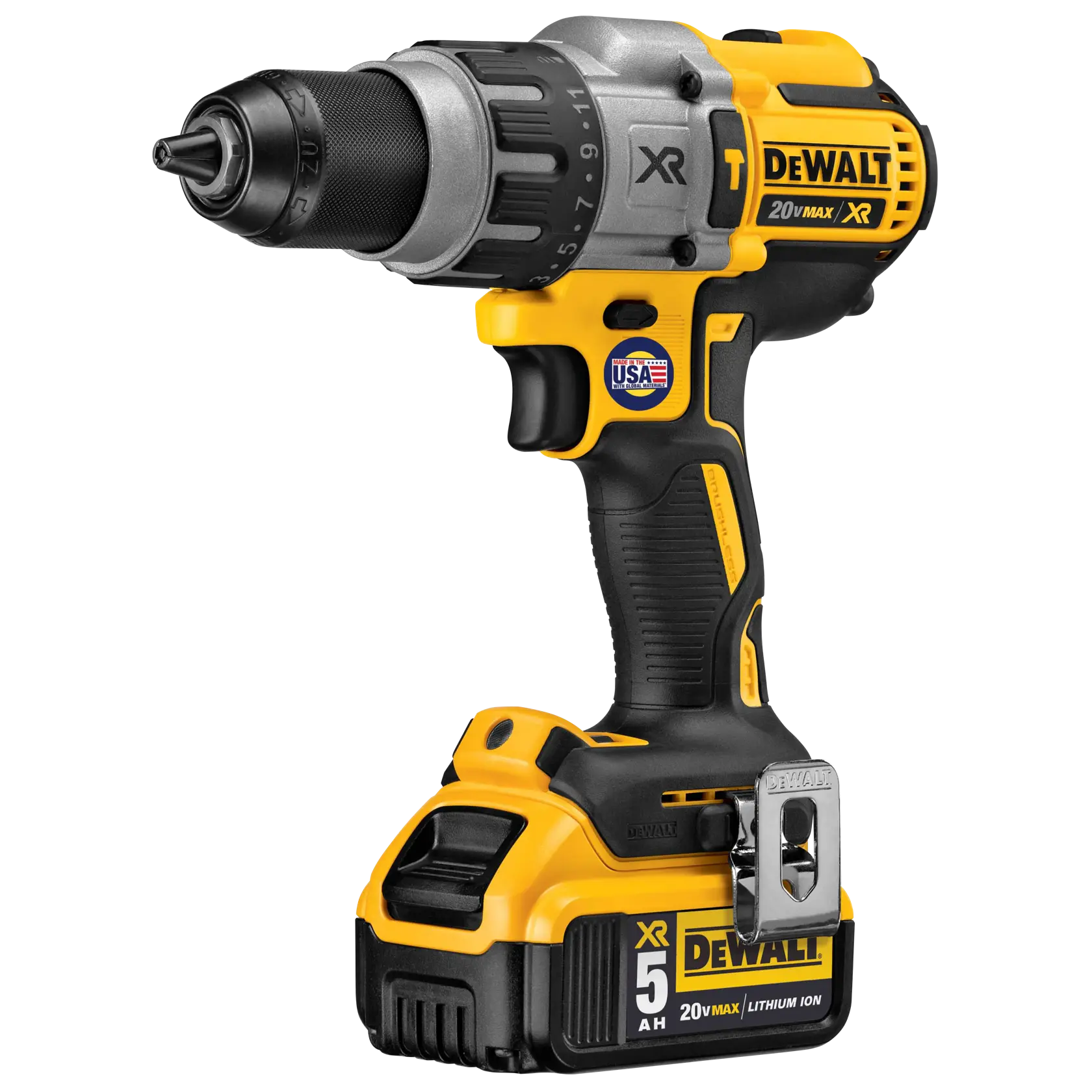 Taladro inalámbrico Dewalt DCD996P2 20V Max XR con diseño amarillo y negro y batería de 5.0Ah de ion de litio adjunta, mostrado sobre fondo blanco.