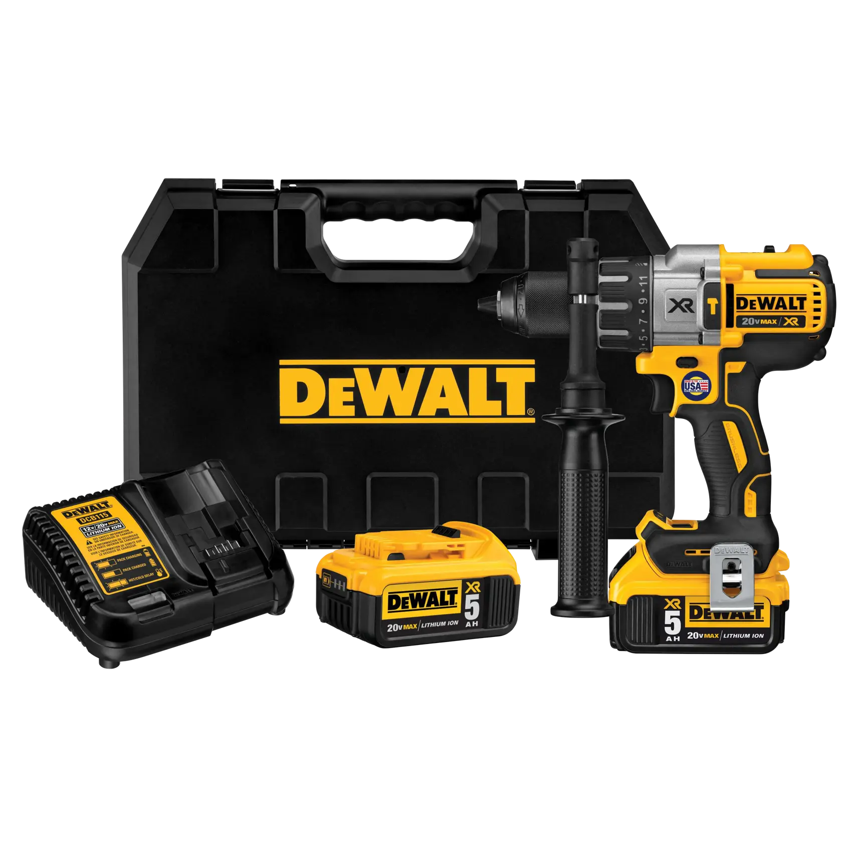Un kit de taladro inalámbrico Dewalt, que incluye un taladro negro y amarillo, dos baterías de litio-ion 20V MAX XR, un cargador de batería y un estuche de transporte negro con el logotipo de Dewalt.