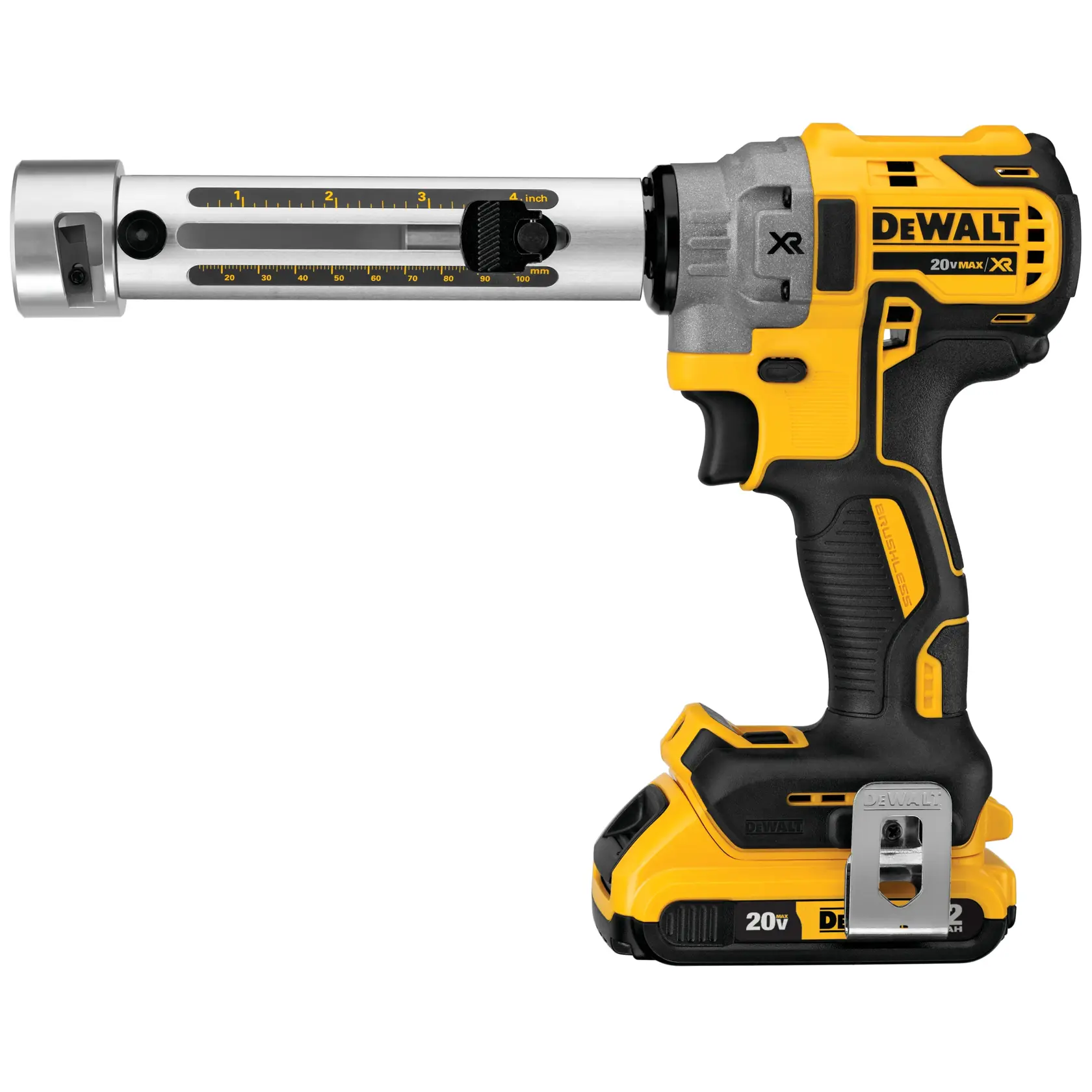 Herramienta para pelar cables inalámbrica DEWALT 20V Max XR con diseño amarillo y negro, que incluye una guía de medición y un botón de ajuste en el brazo metálico.