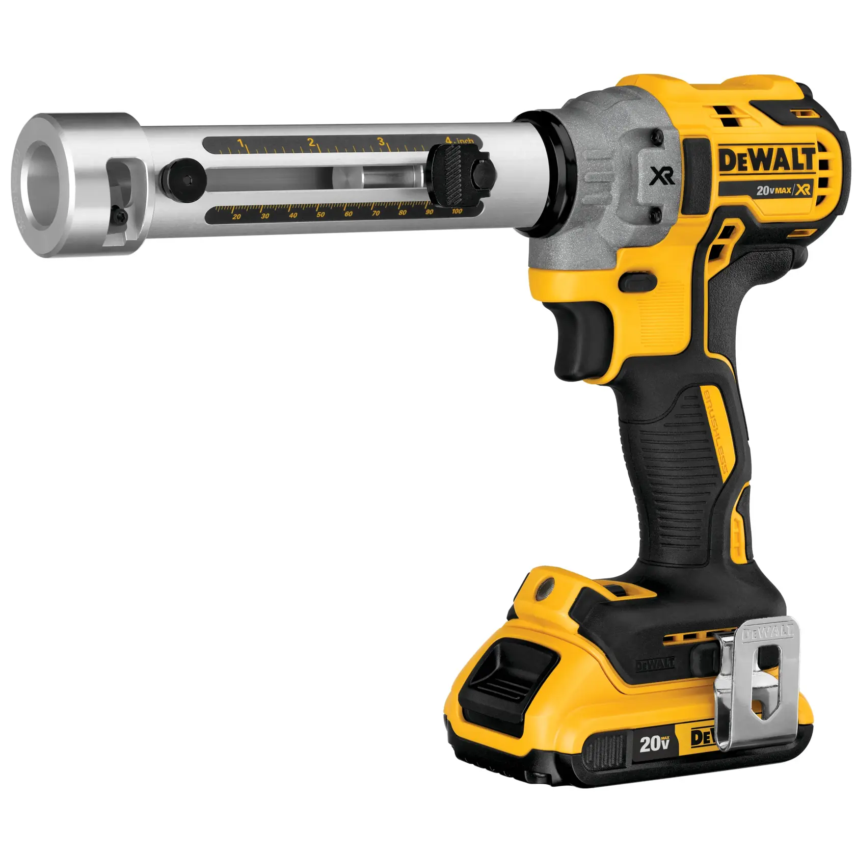 Cortador de cables inalámbrico DEWALT 20V XR con cuerpo amarillo y negro. La herramienta tiene una cabeza de corte de metal con marcas de medida, un mango cómodo y una batería recargable unida en la base.