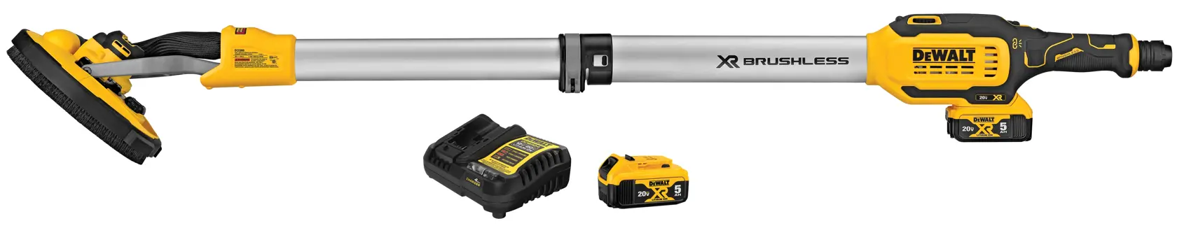 Una lijadora inalámbrica para paneles de yeso DEWALT con brazo extensible, mostrada junto a una batería y un cargador. La herramienta es amarilla y negra con la marca XR brushless.