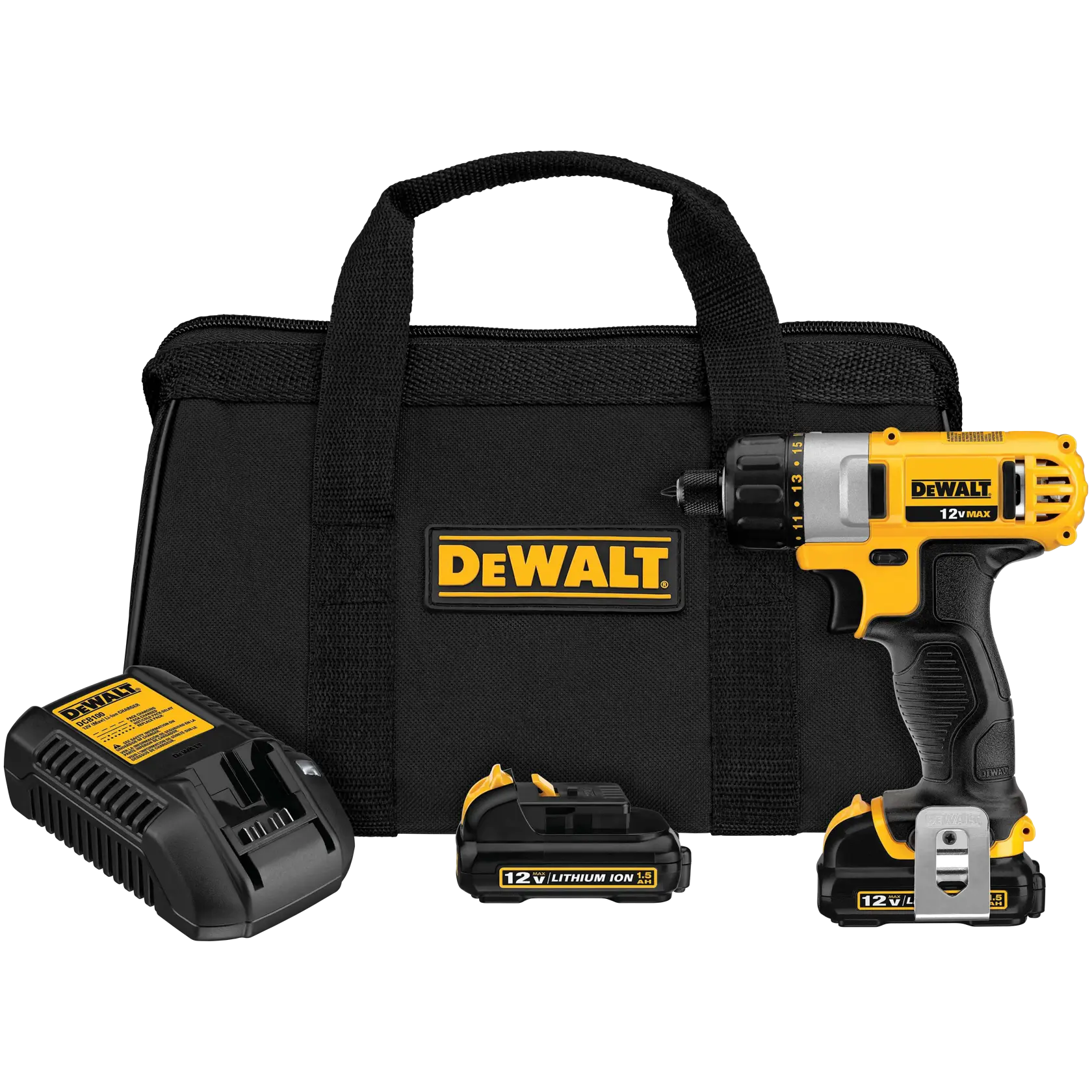 Un set de taladro inalámbrico DEWALT 12V MAX que incluye un taladro amarillo y negro, dos baterías de ion de litio, un cargador de batería y una bolsa de transporte negra con el logotipo DEWALT.