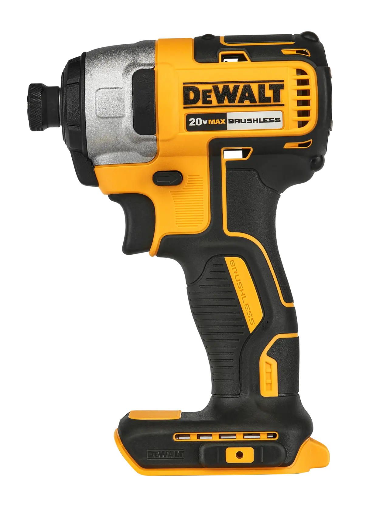 Atornillador de impacto DEWALT 20V Max inalámbrico, amarillo y negro, vista lateral, sin batería.