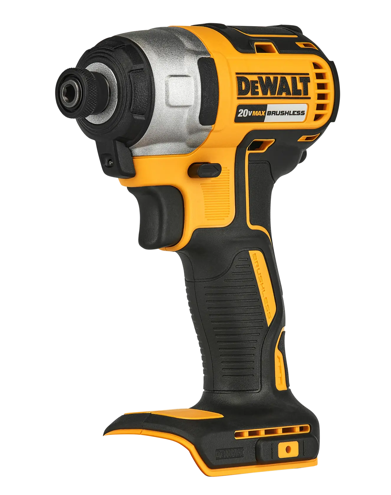 Atornillador de impacto DEWALT 20V inalámbrico, amarillo y negro, mostrado sin batería.