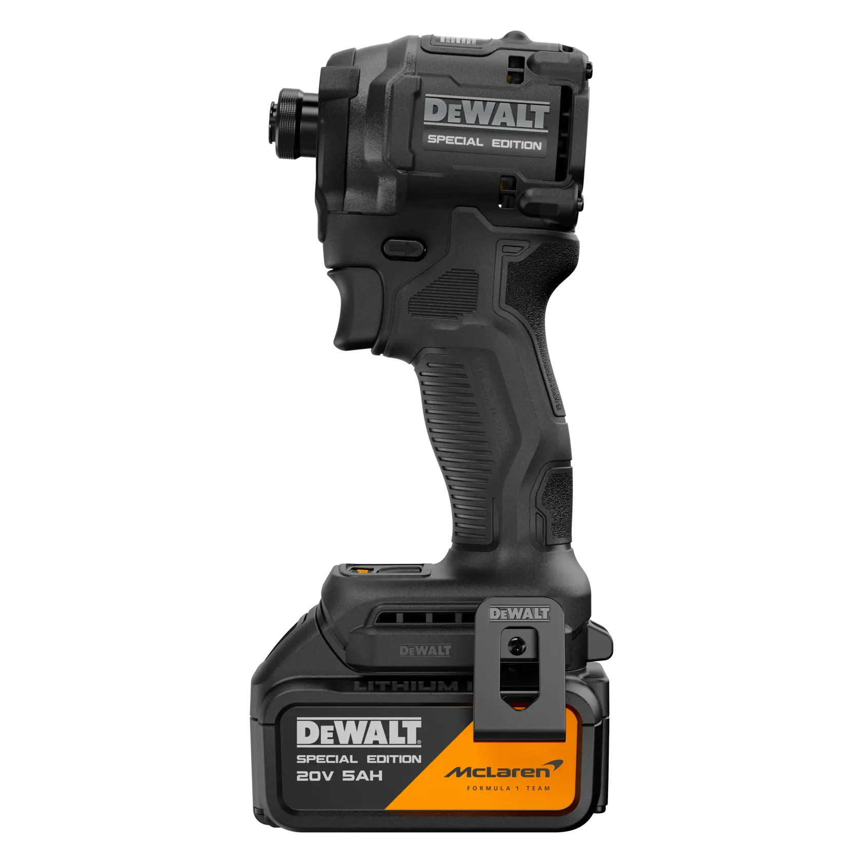Un destornillador de impacto inalámbrico DEWALT, edición especial McLaren Formula Team, con batería de litio de 20V 5AH. La