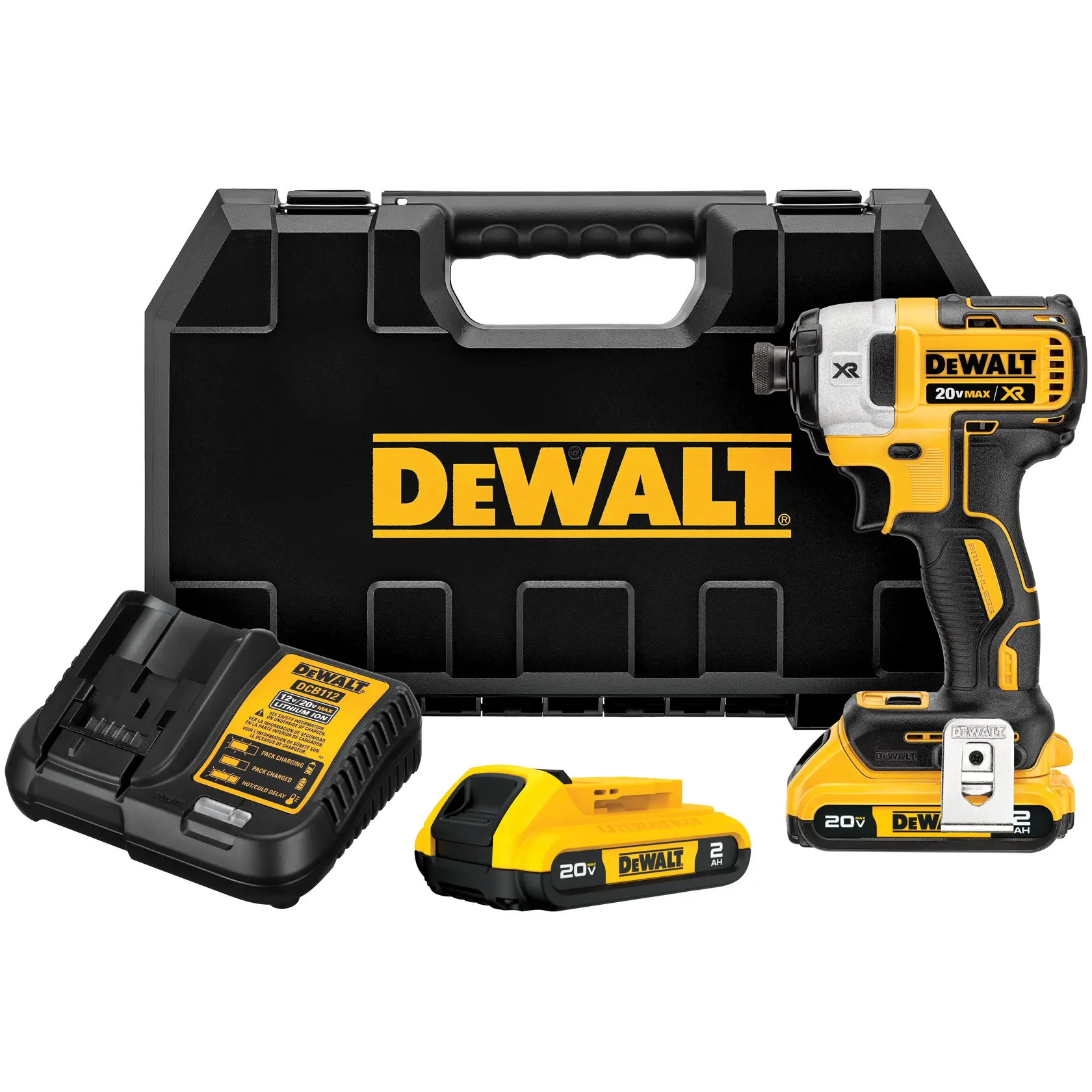 La imagen muestra un kit de destornillador de impacto inalámbrico DEWALT 20V Max XR, que incluye un destornillador de impacto negro y amarillo, dos baterías de 20V, un cargador de batería y un maletín rígido con el logotipo DEWALT.