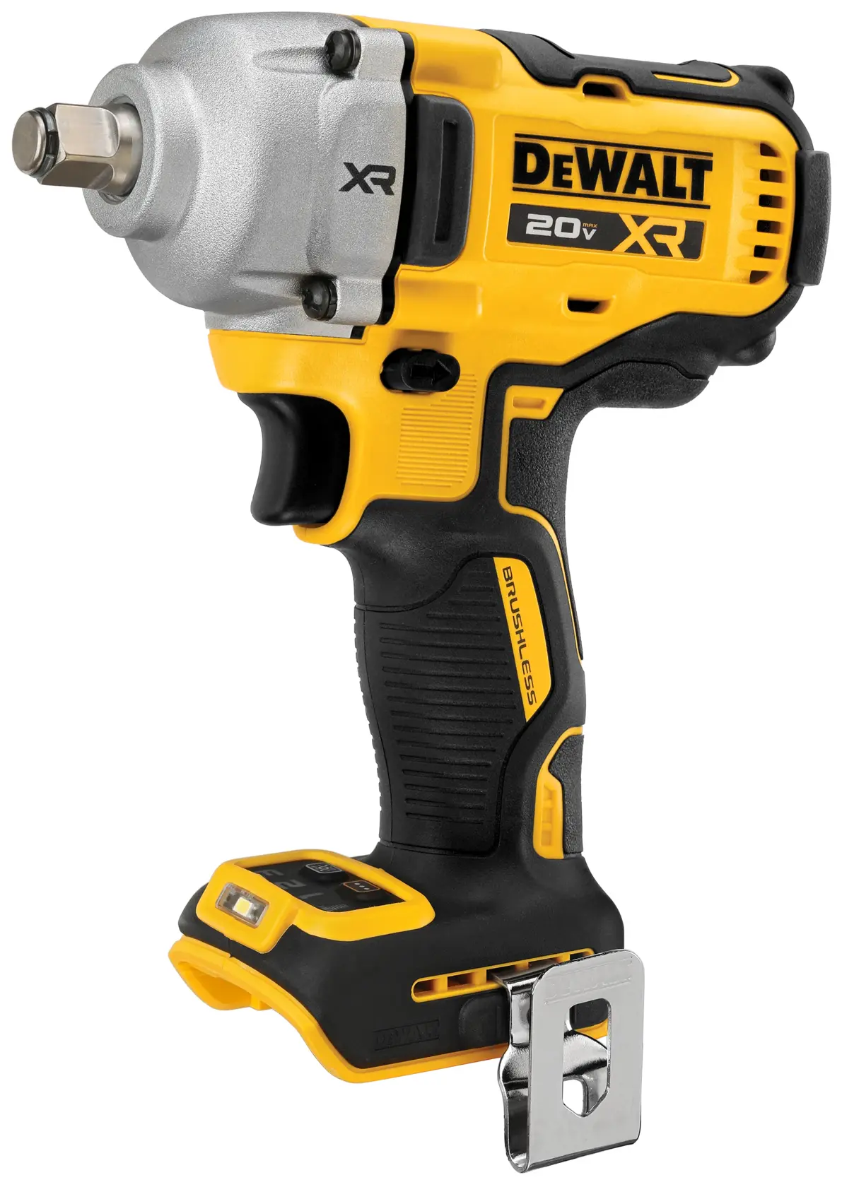 Una llave de impacto inalámbrica DEWALT 20V XR, mostrada en color amarillo y negro con un clip metálico en la base. La herramienta cuenta con un motor sin escobillas y está diseñada para aplicaciones de fijación de alta exigencia.