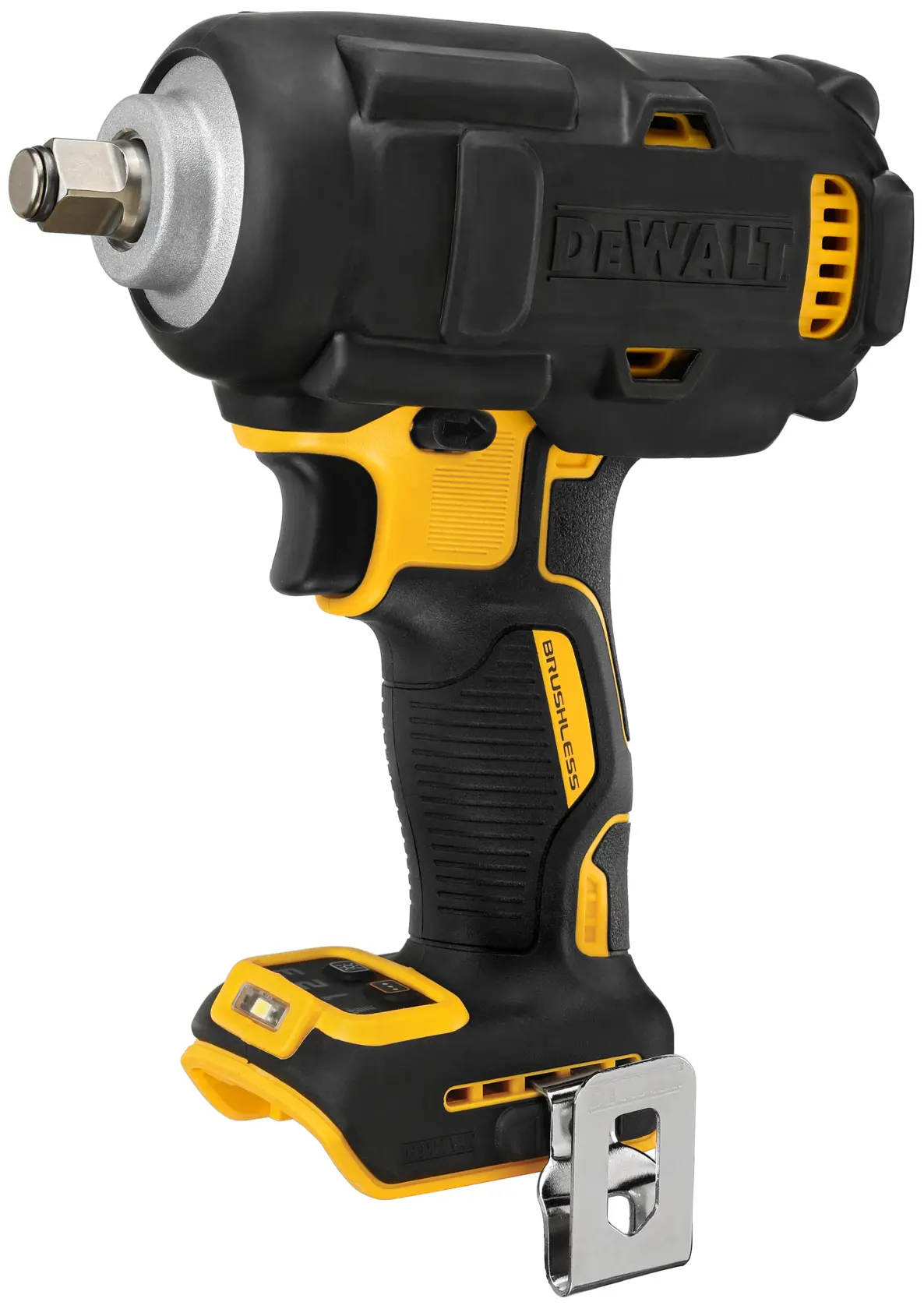 Llave de impacto inalámbrica DEWALT de color negro y amarillo, mostrada sin batería, con motor sin escobillas y clip metálico para cinturón.