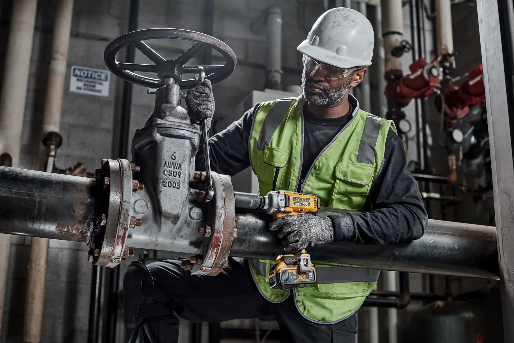 Un trabajador con casco de seguridad, guantes y chaleco reflectante utiliza una herramienta eléctrica amarilla DEWALT para trabajar en una válvula industrial conectada a una tubería grande en una fábrica o instalación industrial. El rostro del trabajador está difuminado.