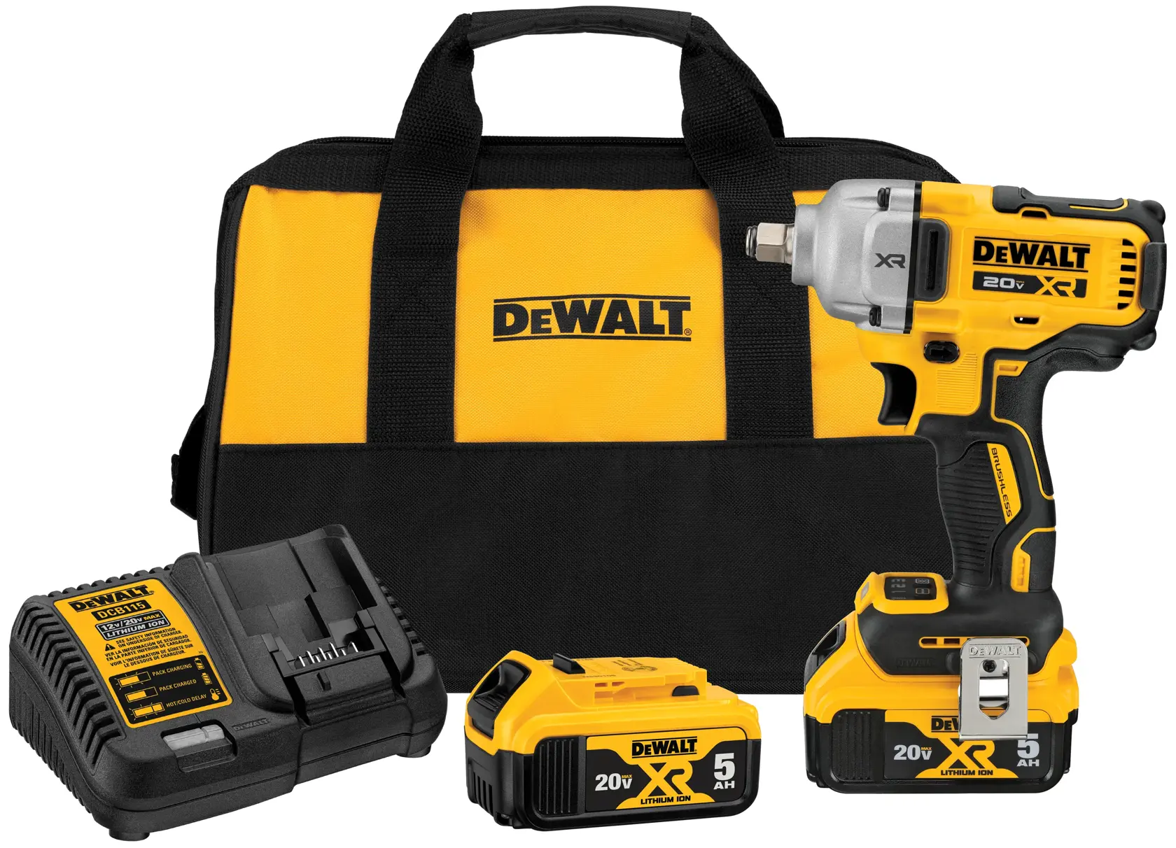 Kit de llave de impacto inalámbrica DEWALT 20V XR que incluye una bolsa de transporte amarilla y negra, un cargador de batería, dos baterías de litio de 20V 5Ah y la herramienta de llave de impacto.