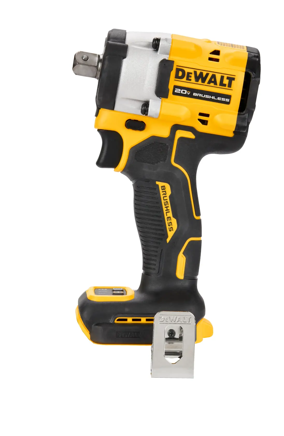 Una llave de impacto inalámbrica DEWALT 20V brushless, mostrada de pie sobre un fondo blanco. La herramienta es de color negro y amarillo con un clip de metal adjunto cerca de la base.