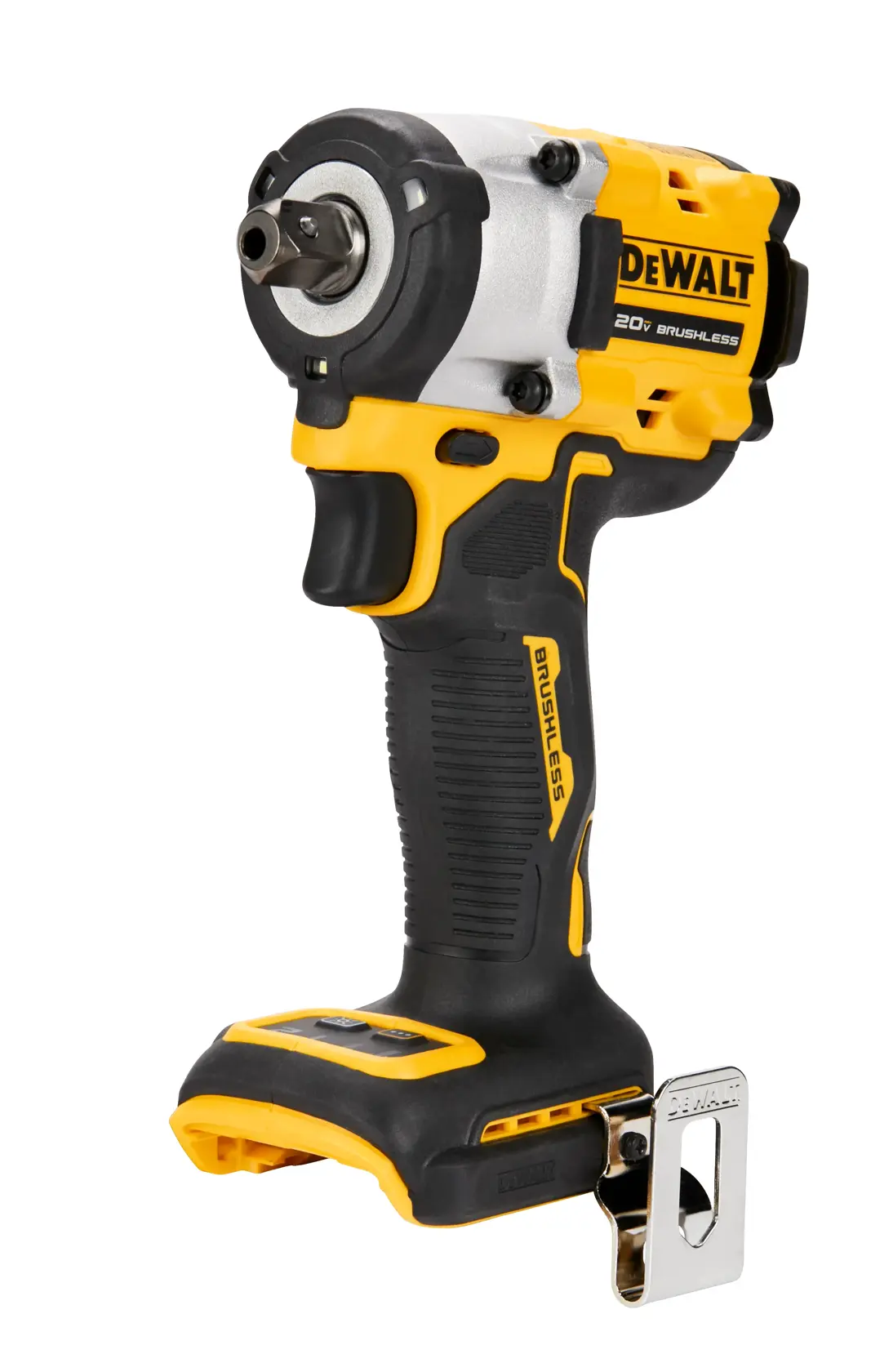 Llave de impacto inalámbrica DEWALT 20V brushless, modelo DCF922B, con mango ergonómico negro y amarillo y clip de metal para cinturón. La batería no está colocada.
