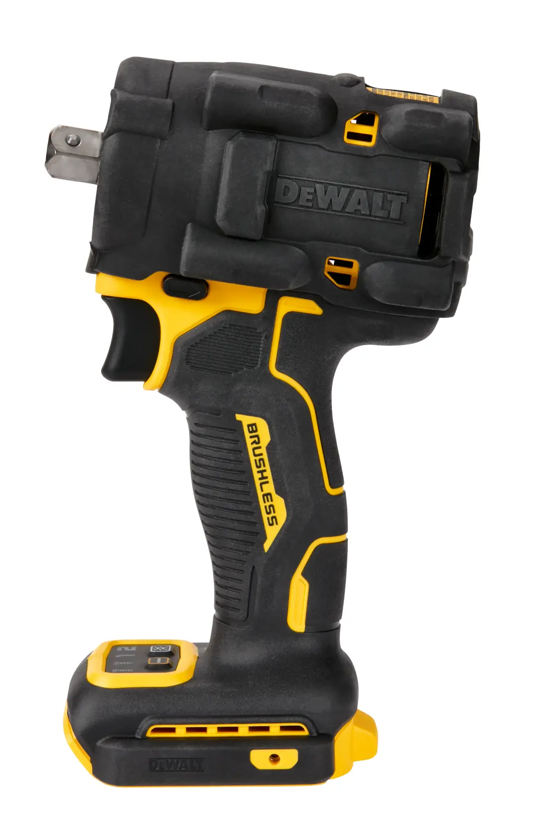 Una llave de impacto inalámbrica DEWALT, modelo DCF922B, con diseño negro y amarillo y tecnología sin escobillas, mostrada de lado sobre un fondo blanco.