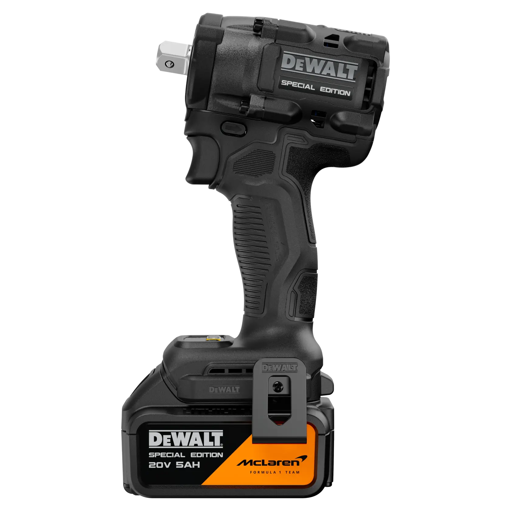 Una herramienta eléctrica inalámbrica negra DEWALT, edición especial, con la marca McLaren en la batería. La herramienta