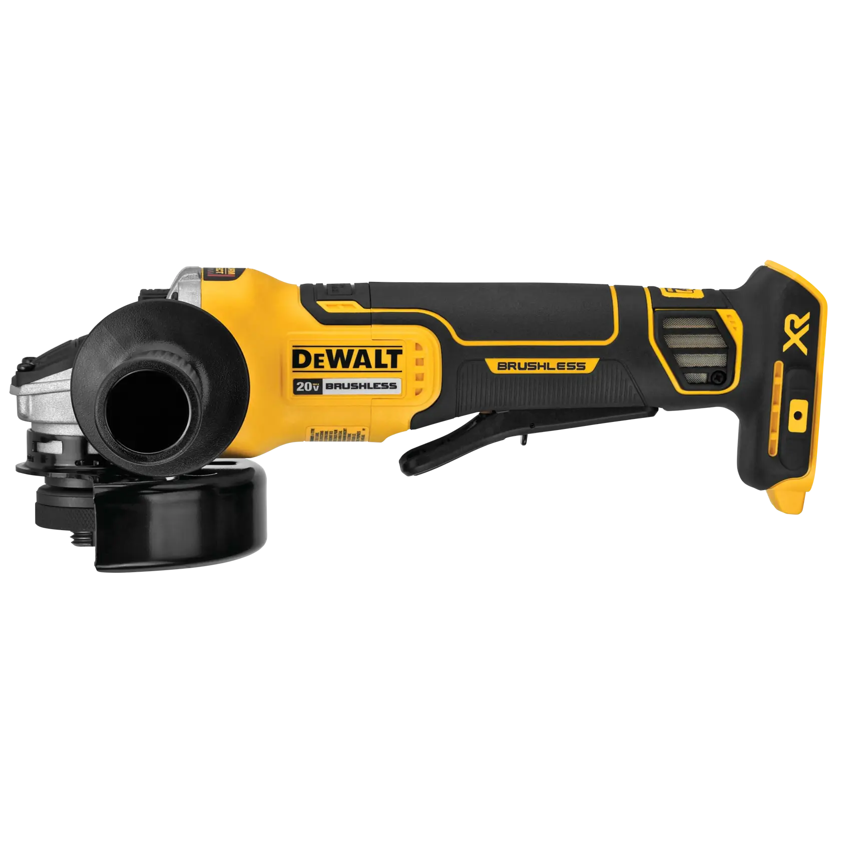 Una amoladora angular inalámbrica DEWALT 20V brushless con diseño amarillo y negro, mostrada sobre fondo blanco.