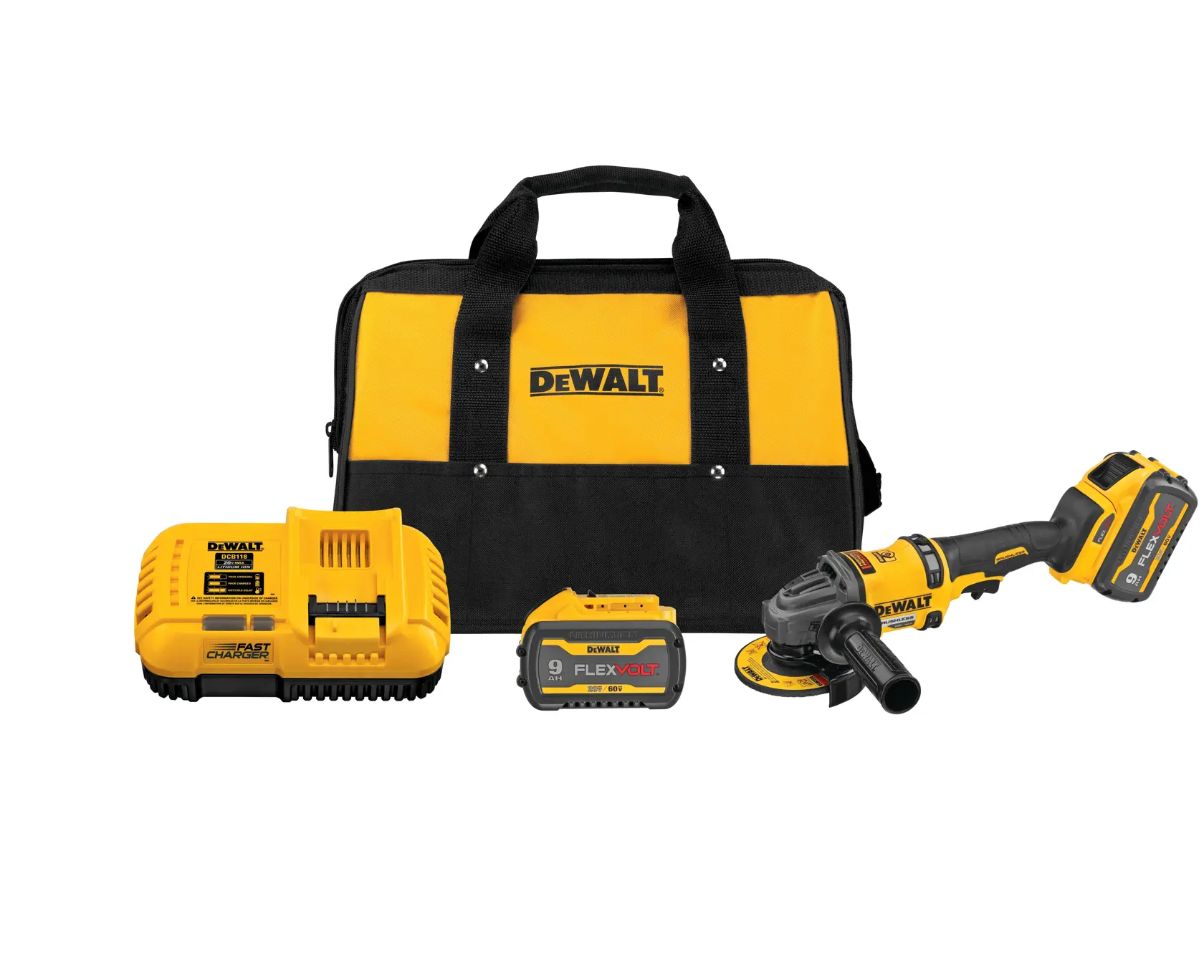 Amoladora inalámbrica DEWALT con motor brushless y batería XR Flexvolt, para cortar y desbastar.