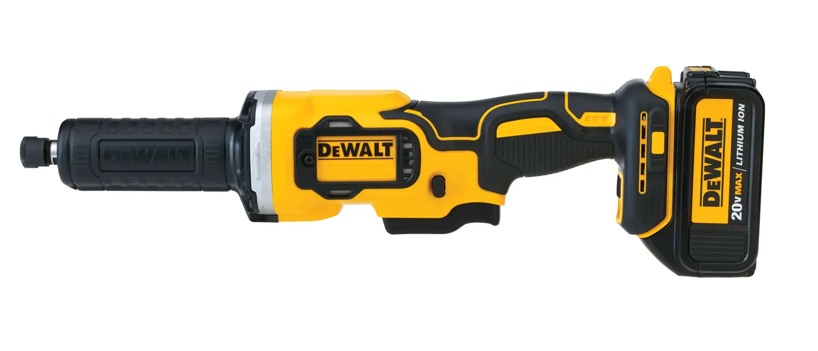 Herramienta amoladora recta inalámbrica DEWALT 20V MAX de ion de litio, de color amarillo y negro, con marcas de la marca y batería conectada.