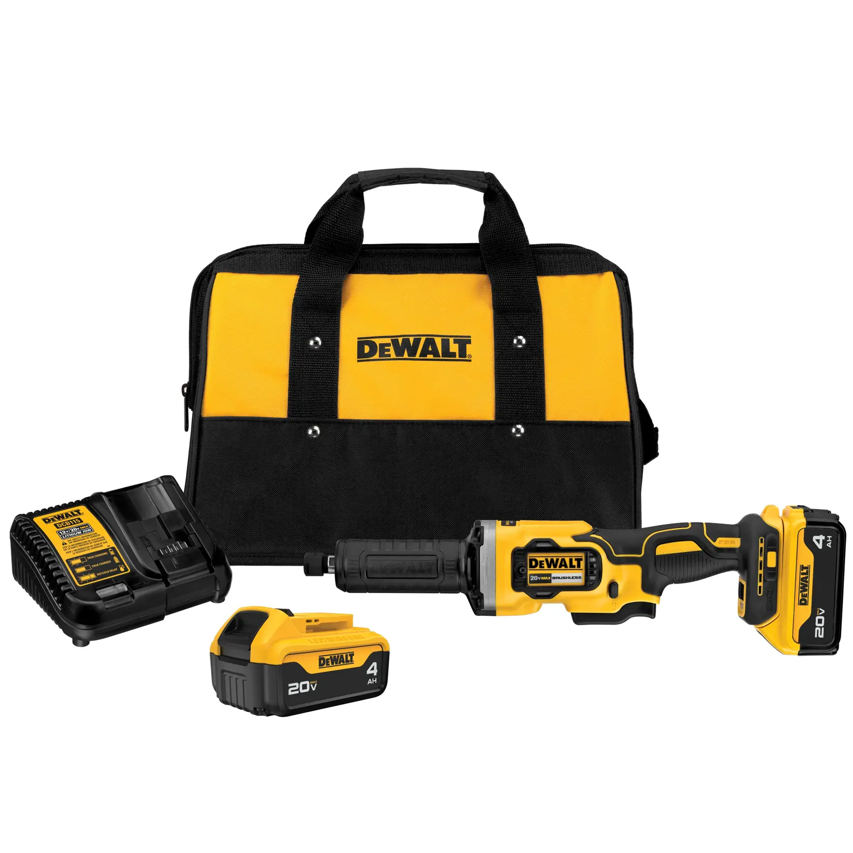 Un kit de amoladora inalámbrica DEWALT 20V Max, que incluye una herramienta amarilla y negra, dos baterías, un cargador y una bolsa de transporte DEWALT a juego.