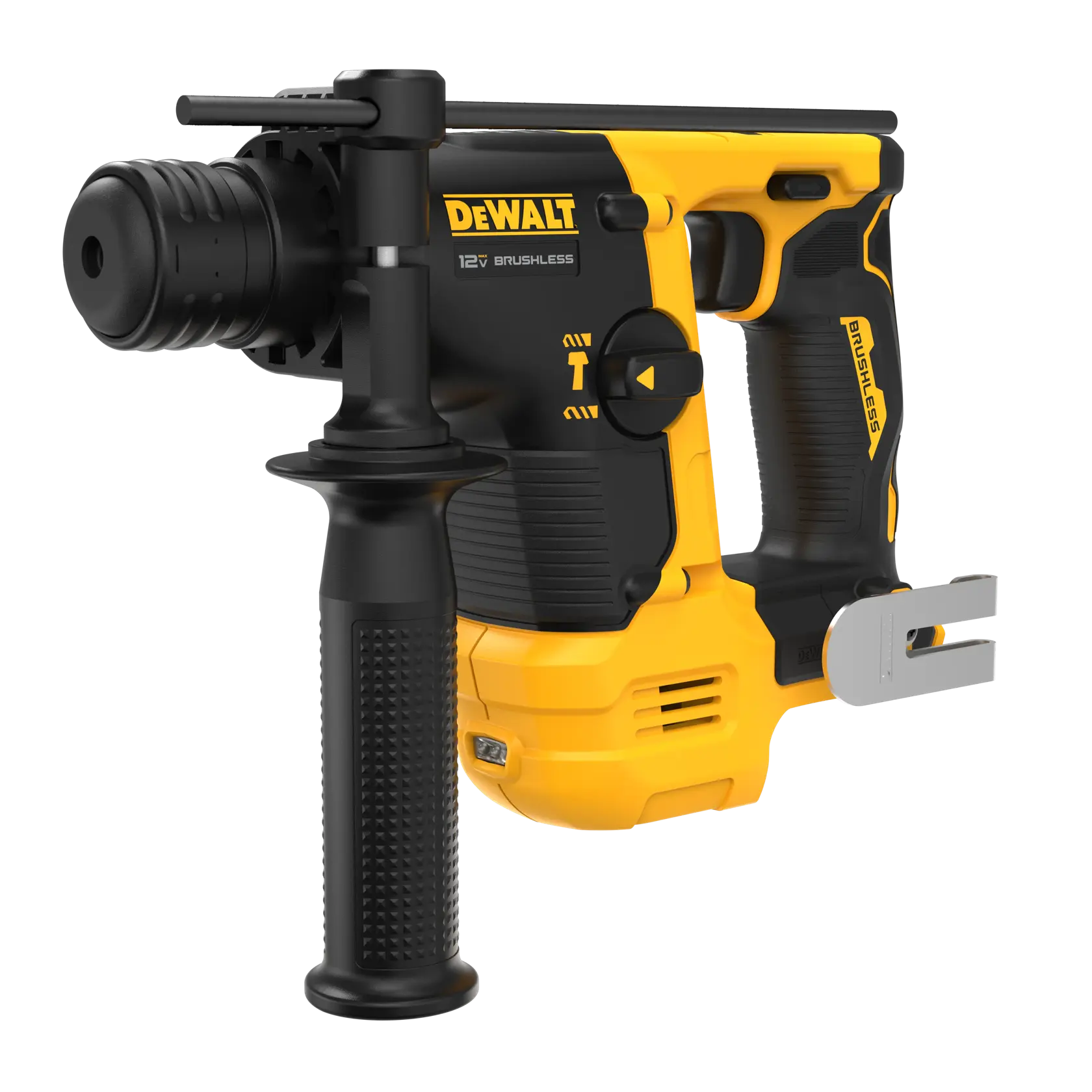 Un martillo rotativo DEWALT 12V sin escobillas, con diseño negro y amarillo, mango lateral y clip de cinturón de metal.