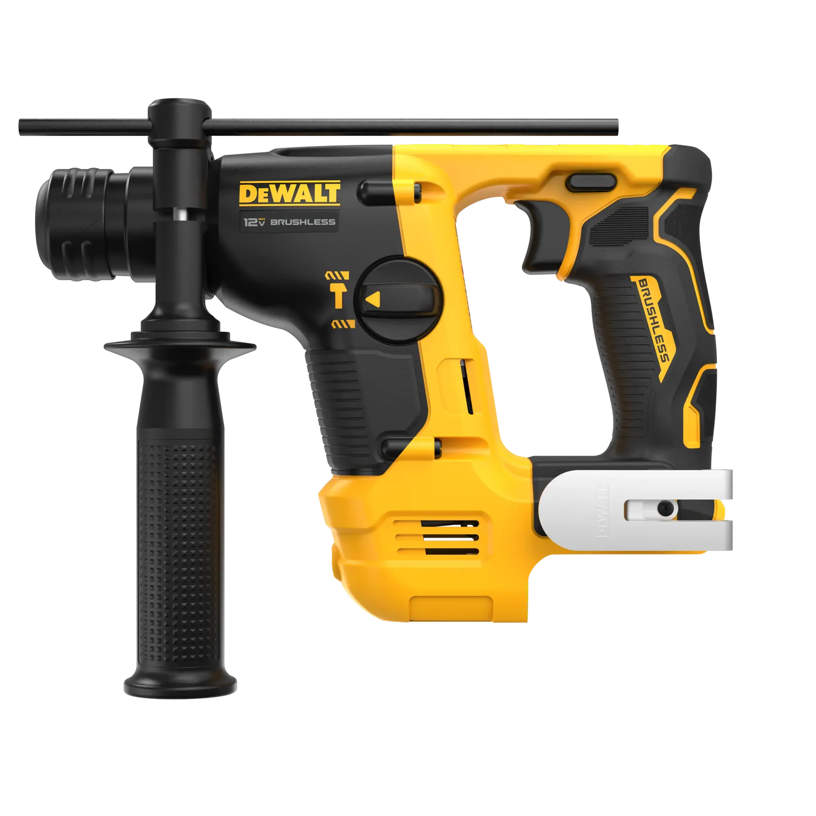 Martillo perforador inalámbrico DEWALT 12V brushless con cuerpo negro y amarillo. La herramienta cuenta con un mango lateral para mejor agarre y control, y un clip para cinturón en el compartimento de la batería.