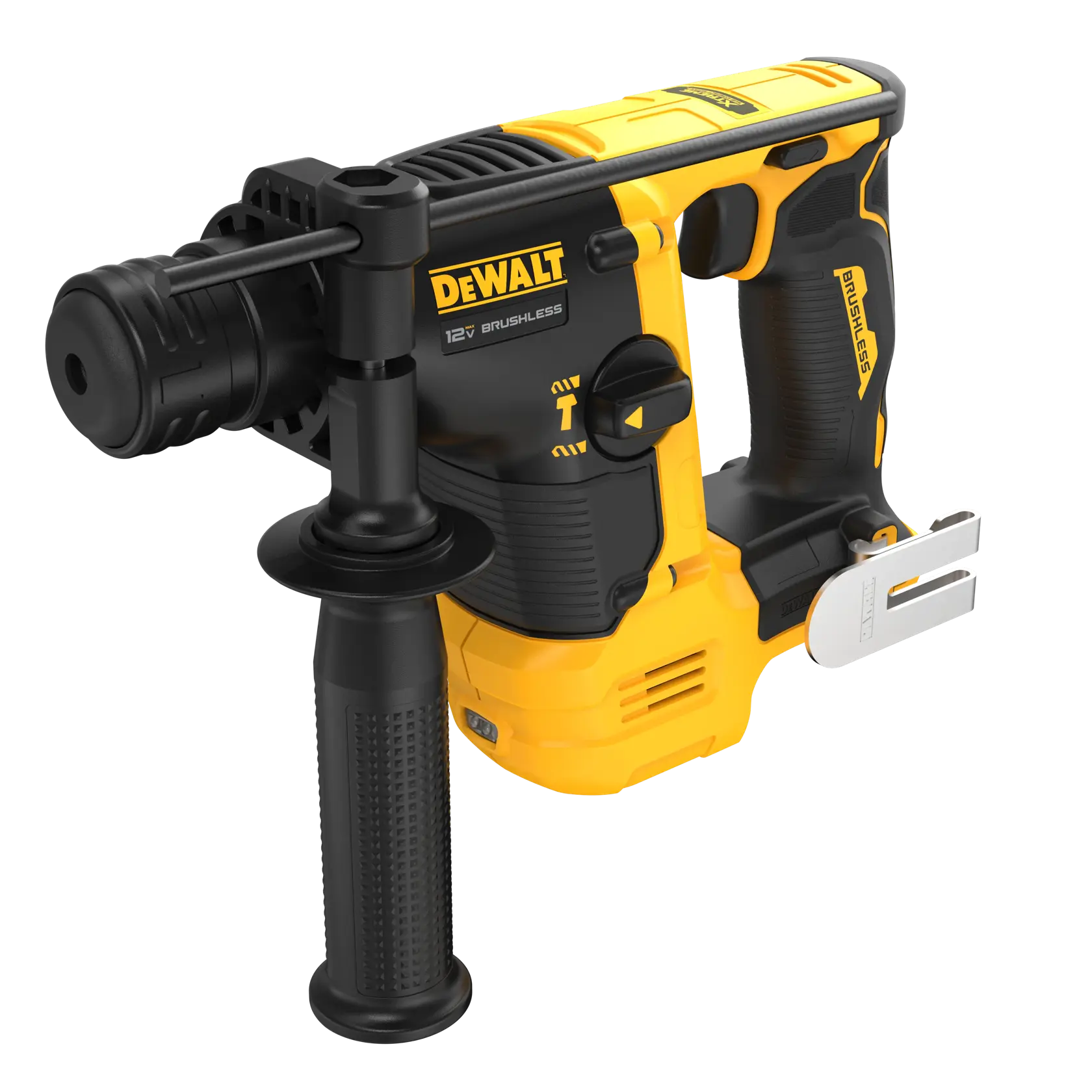 Un martillo rotativo DEWALT 12V sin escobillas con mango lateral, mostrado en colores amarillo y negro.