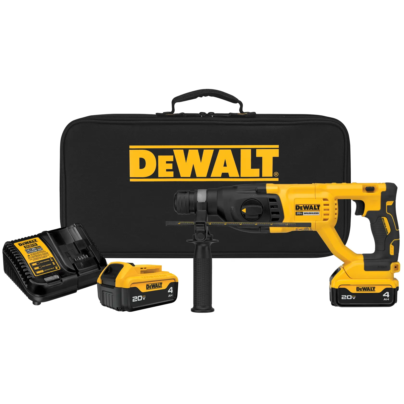 Kit de martillo rotativo inalámbrico DEWALT 20V, que incluye un martillo perforador amarillo y negro, dos baterías, un cargador y un estuche de transporte negro con el logo de DEWALT.