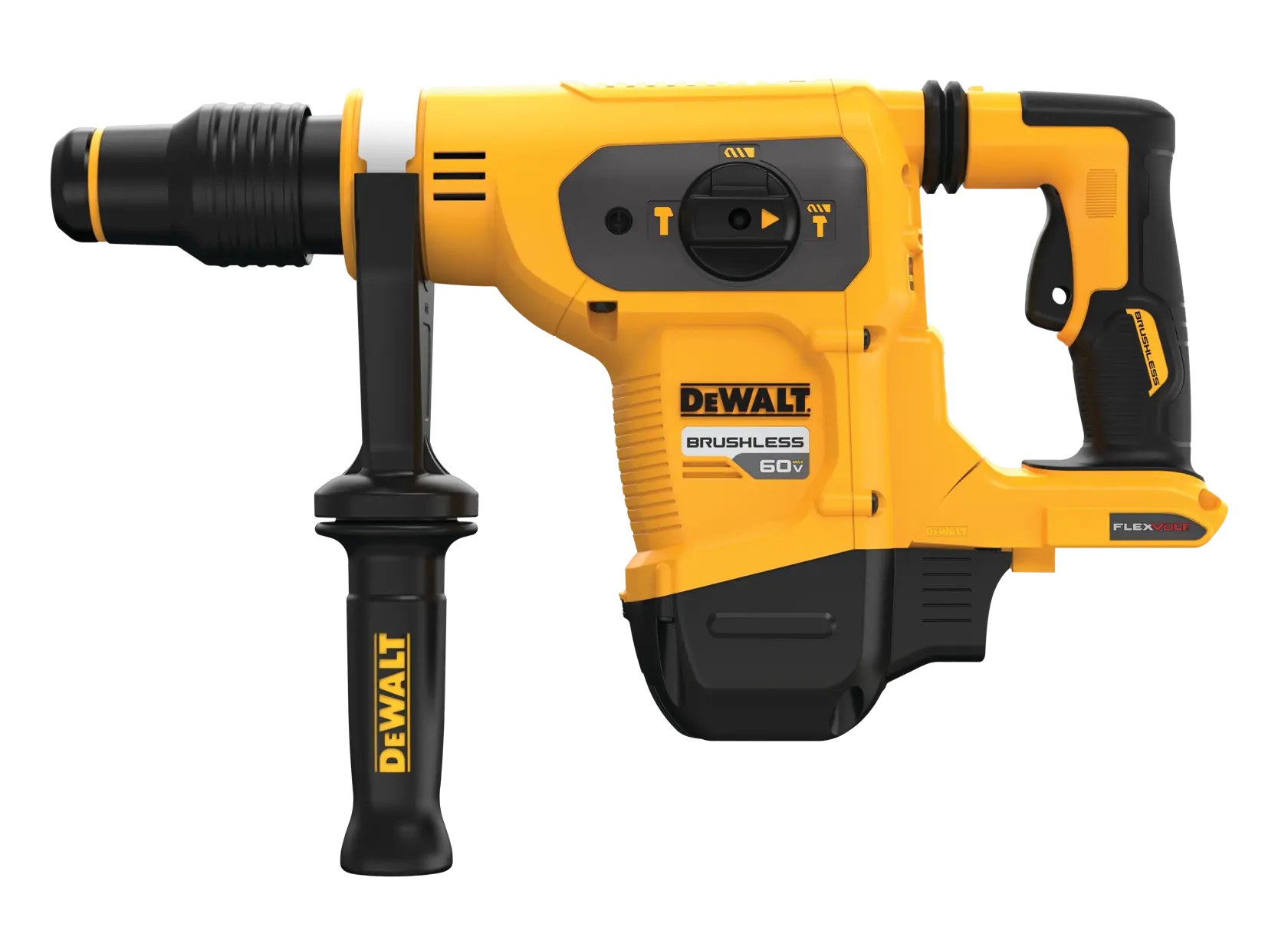 Un martillo perforador rotativo DEWALT brushless de 60V con mango lateral y empuñadura ergonómica, mostrado en color amarillo y negro.