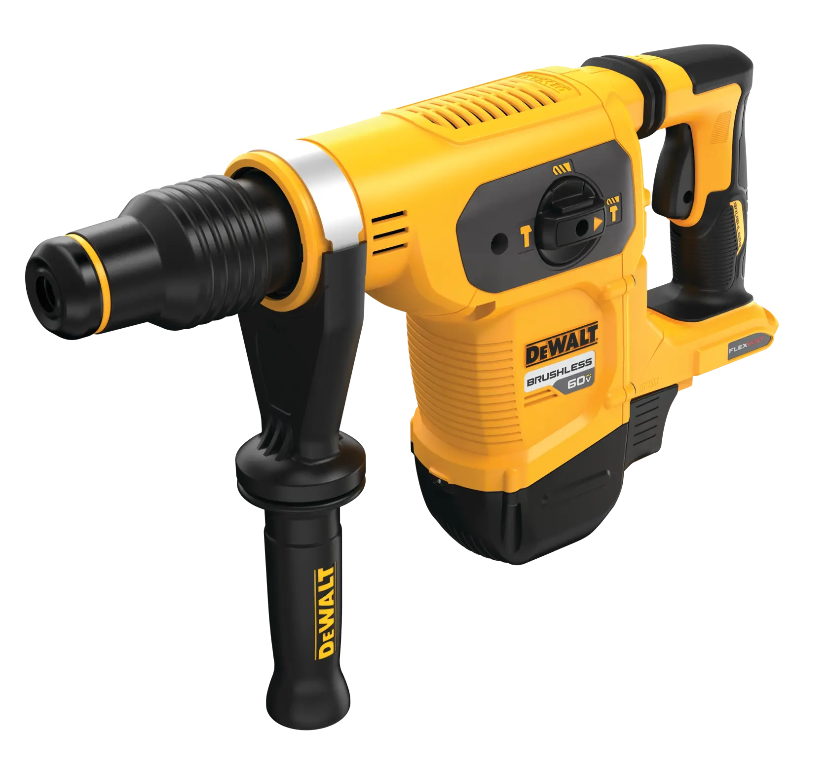 Un martillo rotativo inalámbrico DEWALT amarillo y negro con mango lateral y logotipo visible en el cuerpo de la herramienta.