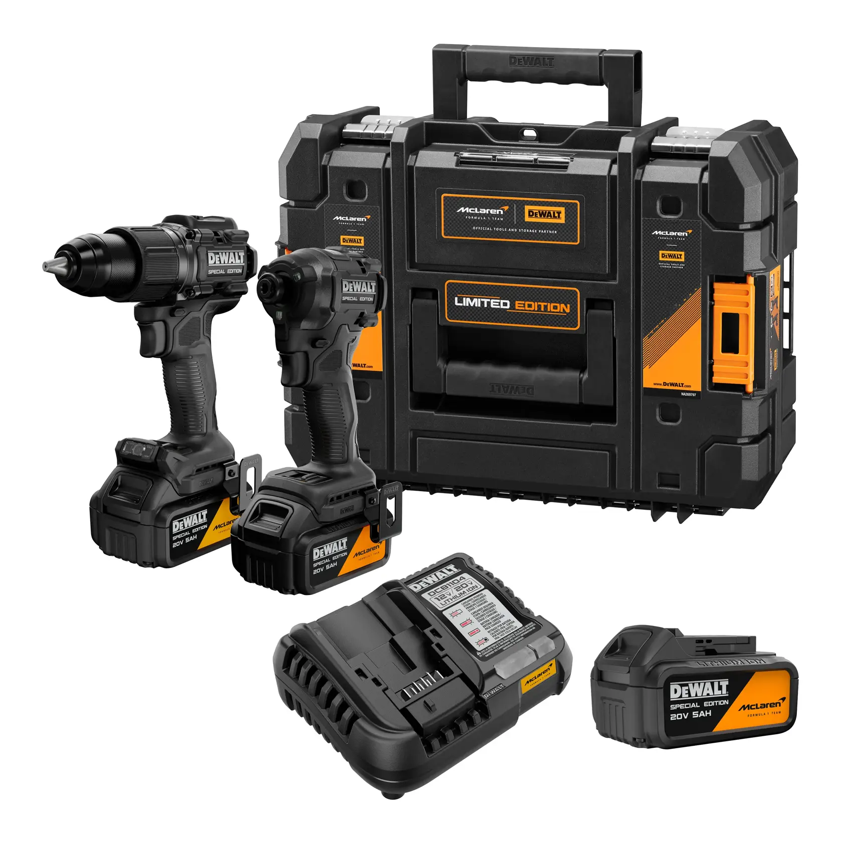 Juego de herramientas edición limitada DEWALT que incluye dos herramientas eléctricas inalámbricas, un estuche rígido negro