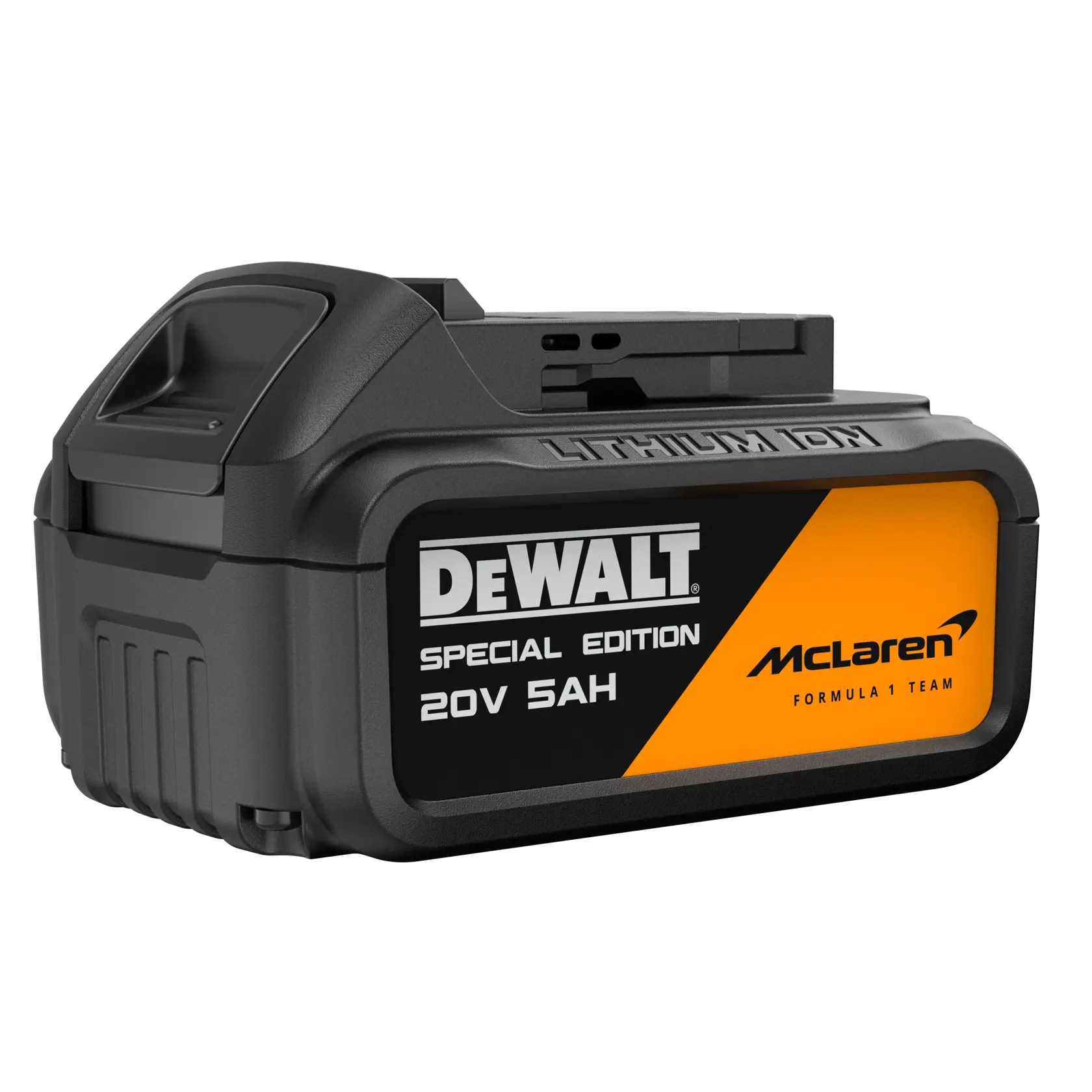 Una batería de iones de litio DEWALT con la etiqueta 'Special Edition 20V 5AH' y el logotipo del equipo McLaren de Fórmula