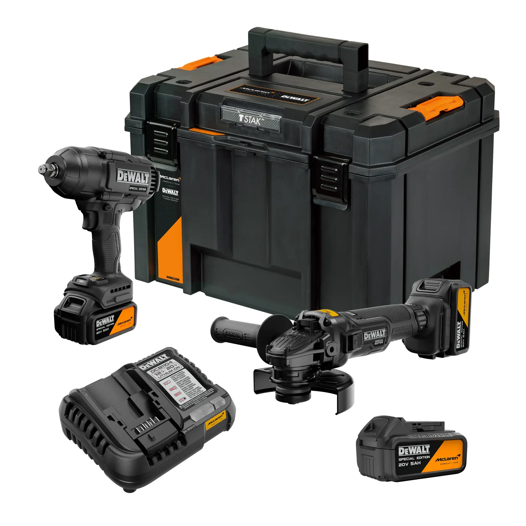 Kit de herramientas DEWALT que incluye una gran caja de almacenamiento negra y naranja, una llave de impacto inalámbrica