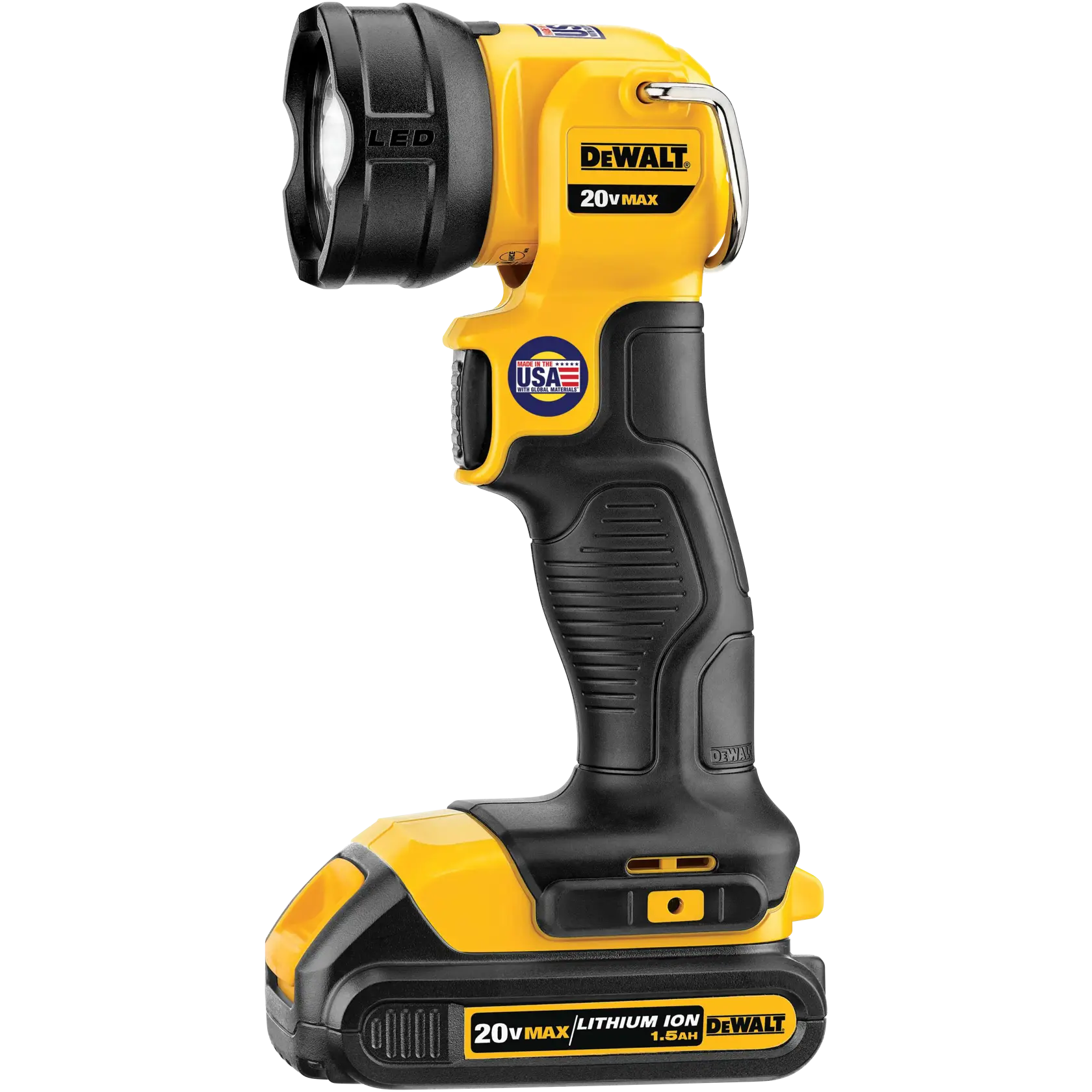 Luz de trabajo LED inalámbrica DEWALT 20V Max con batería de ion de litio y diseño amarillo y negro. La lámpara tiene una pegatina de USA en el lateral, un agarre cómodo y una base de batería recargable.