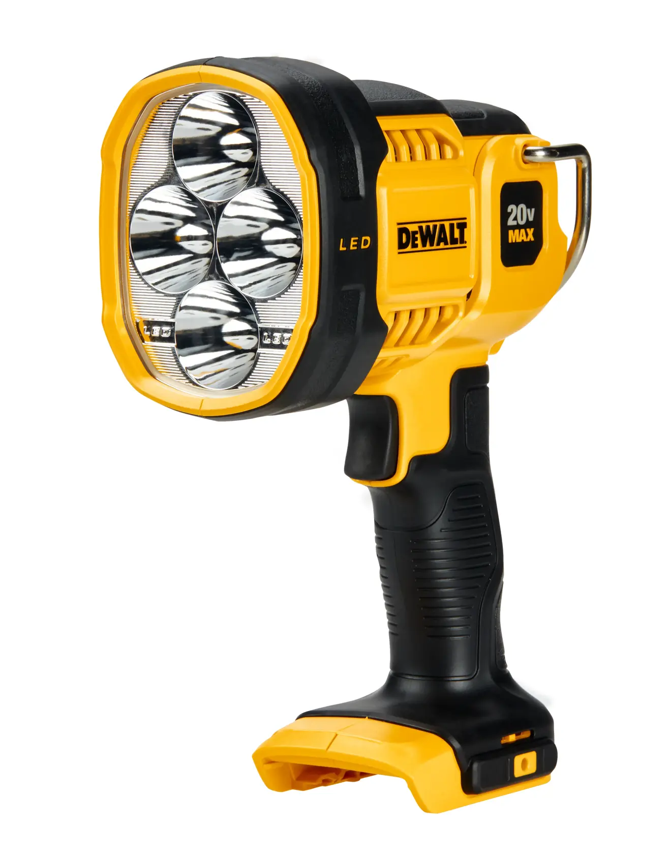 Lámpara de trabajo portátil DEWALT 18V XR Li-Ion LED, con diseño duradero en amarillo y negro y clip metálico en la base.
