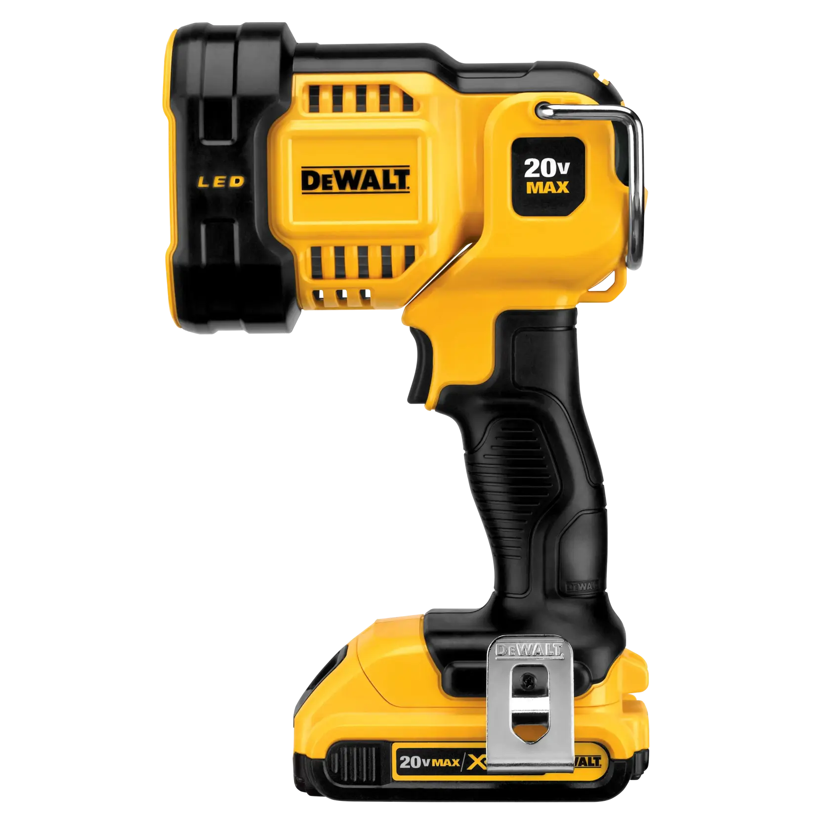 Un foco portátil LED DEWALT 20V MAX con diseño amarillo y negro, que incluye un mango resistente y un compartimento para batería. La herramienta lleva la marca 'DEWALT' en el lateral y tiene un clip metálico en la base.