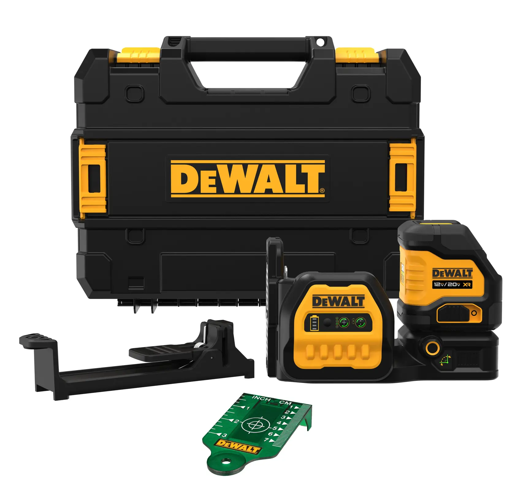 Kit de nivel láser para fotografía de la marca DEWALT, que incluye un estuche rígido negro y amarillo, un dispositivo de nivel láser, una batería, un soporte de montaje y una tarjeta de medición verde.