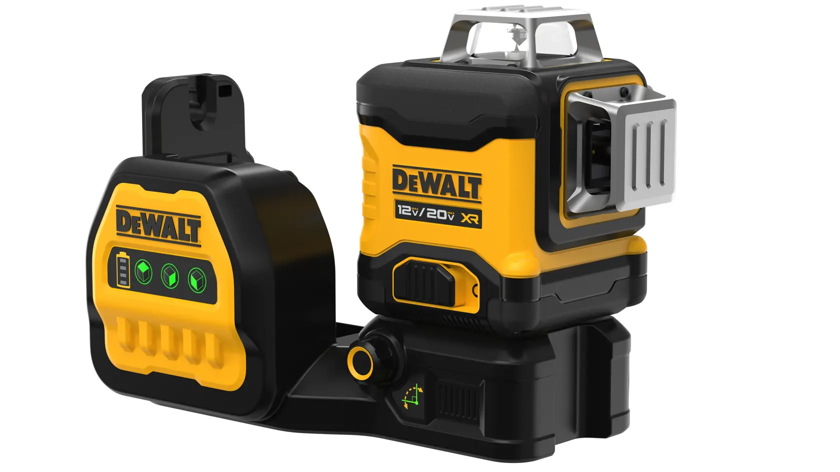 Nivel láser de línea verde DEWALT 12V/20V XR, modelo DCLE34030G, diseñado para nivelación de precisión en construcción y fotografía, con una resistente carcasa amarilla y negra, botones de control y soporte de montaje.