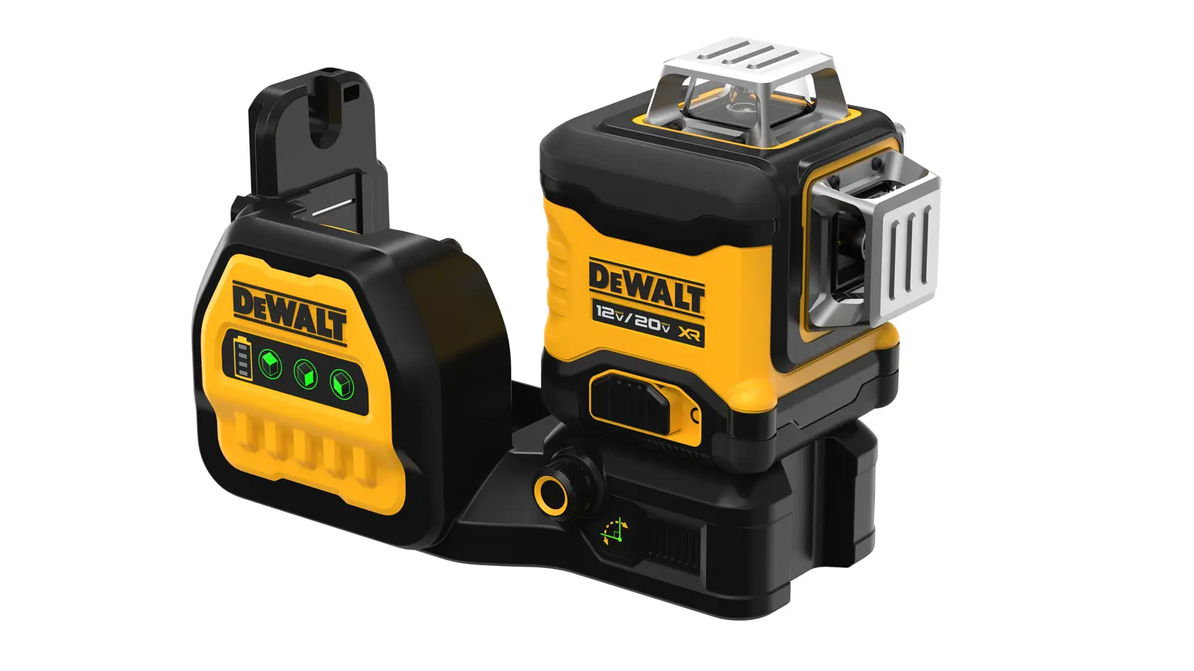 Un nivel láser verde DEWALT 12V/20V XR con cuerpo amarillo y negro, que tiene botones de control y una pantalla en el panel frontal.