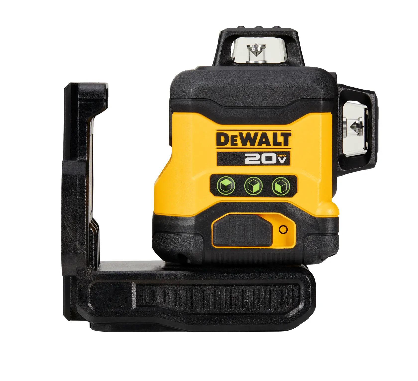 Una herramienta niveladora láser DEWALT 20V amarilla y negra con soporte de montaje, vista de lado sobre un fondo blanco.