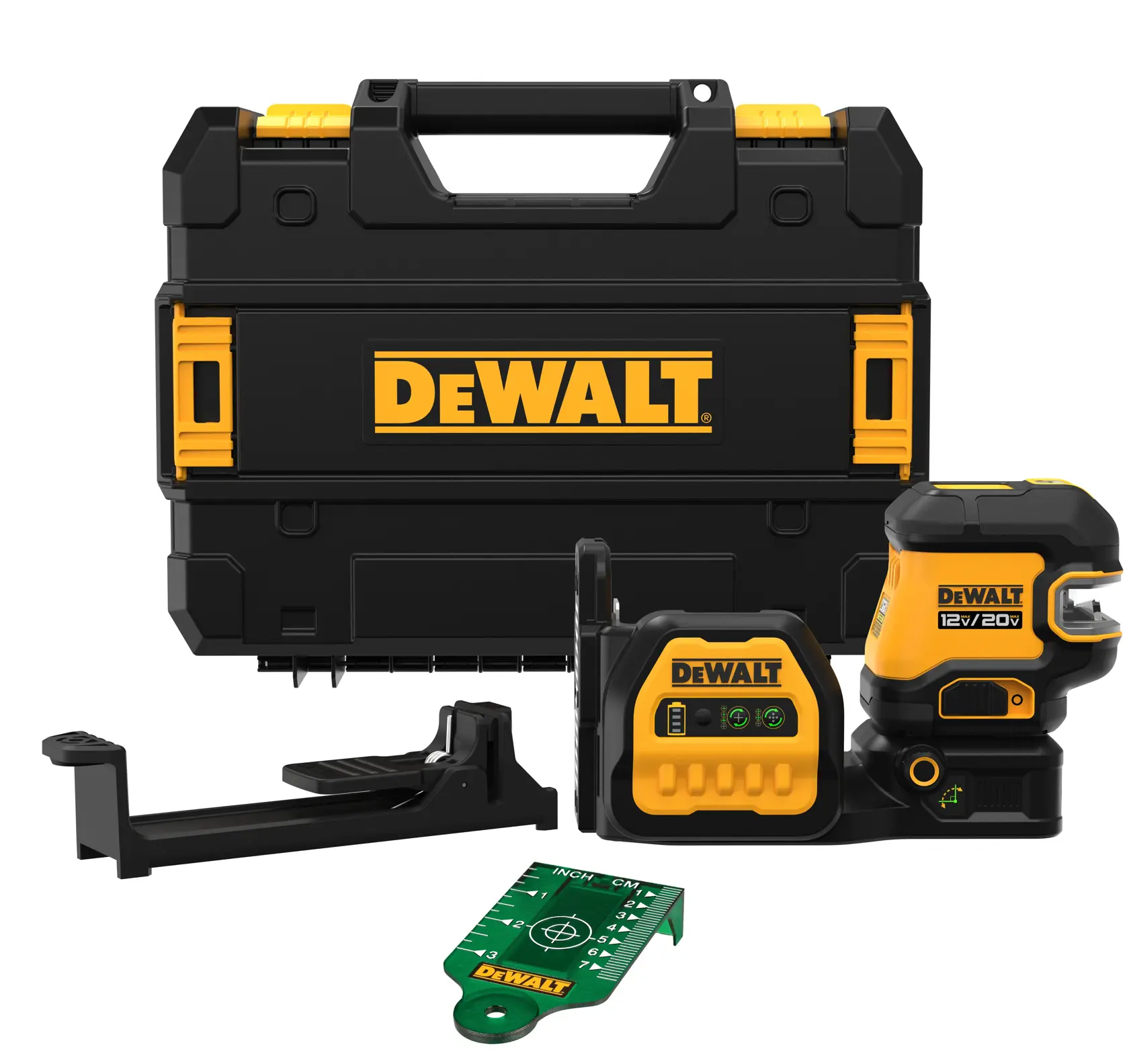 Un kit de nivel láser DEWALT negro y amarillo, que incluye un estuche de transporte resistente, un dispositivo de nivel láser, un soporte de montaje y una tarjeta de medición verde, todo diseñado para tareas de construcción o alineamiento.