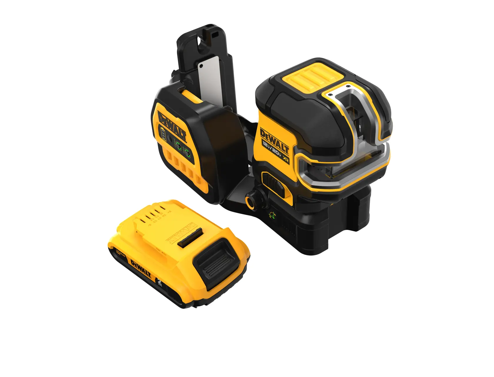 Un kit de nivel láser de la marca DEWALT, que incluye un dispositivo nivelador láser autonivelante amarillo y negro con un soporte de montaje incluido y un paquete de batería recargable.