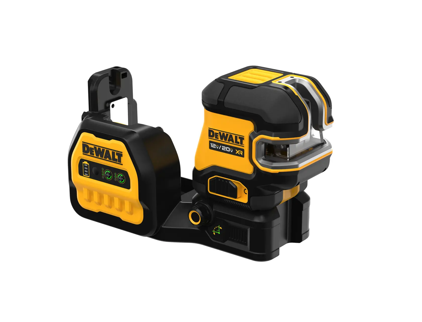 Una herramienta de láser de línea cruzada autonivelante de la marca DEWALT, modelo DCLE34520G, con un esquema de colores negro y amarillo. La herramienta se muestra con un soporte de montaje y un panel de control con luces indicadoras.