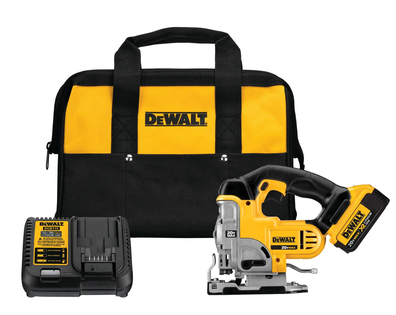 Un set de herramientas DEWALT que incluye una bolsa de transporte amarilla y negra, una sierra de calar inalámbrica, una batería y un cargador.