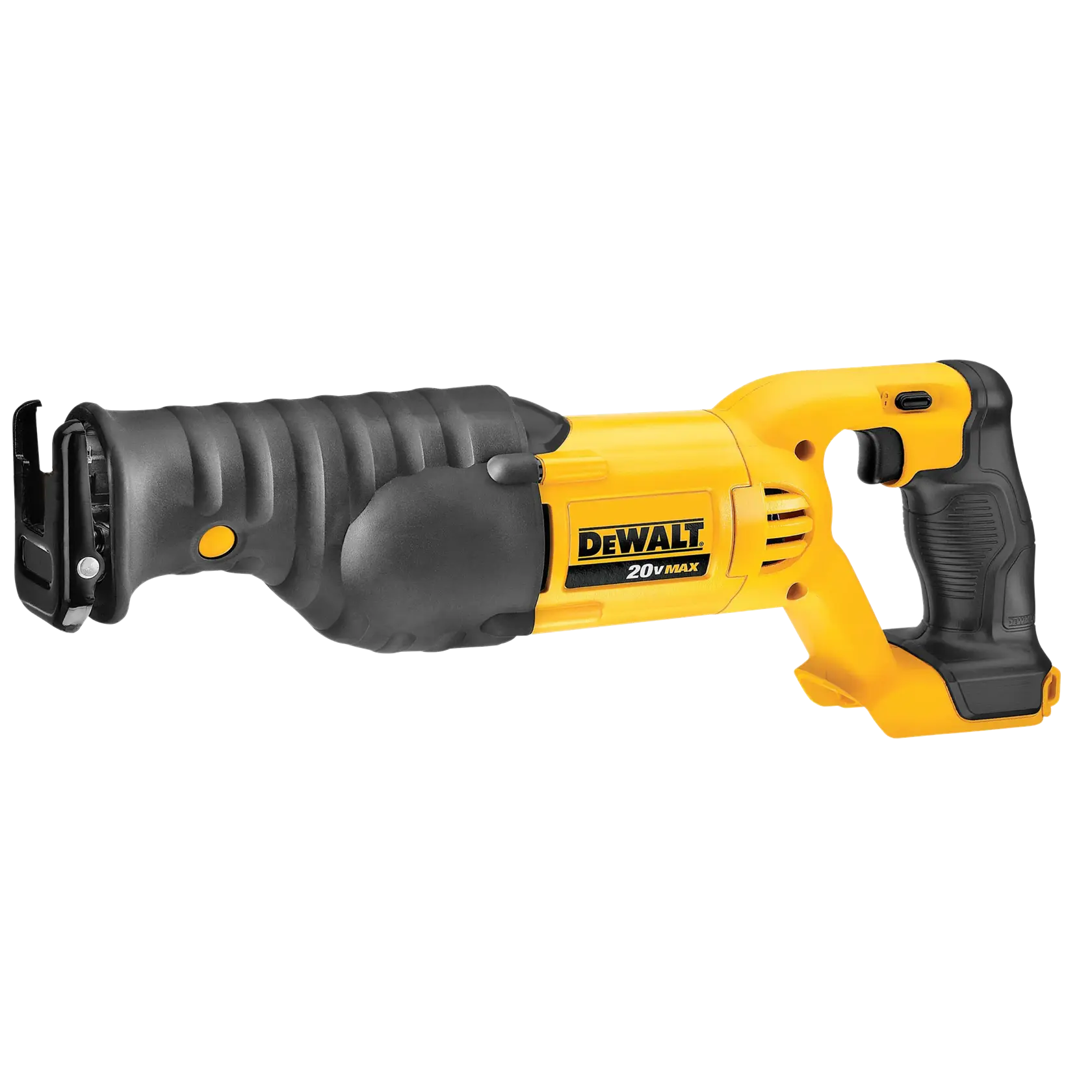 Una sierra recíproca inalámbrica DEWALT 20V Max de color amarillo y negro, con mango ergonómico y agarre resistente.